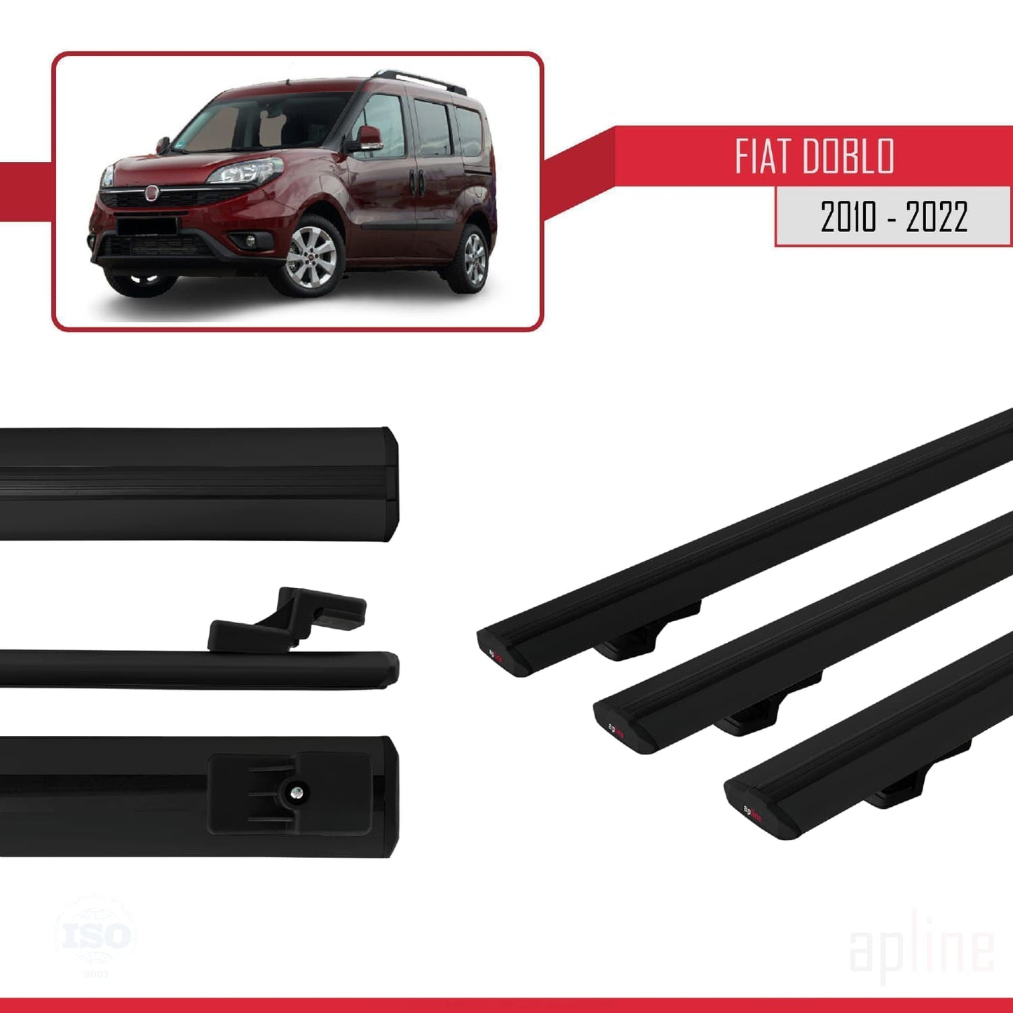 Compatibile con Fiat Doblo 2 2010-2022 modello BASIC Barre portatutto Railing Portapacchi per auto Alluminio nero 3 barre