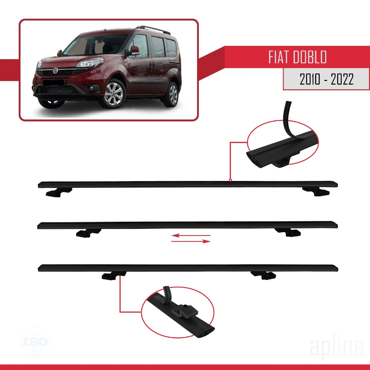 Compatibile con Fiat Doblo 2 2010-2022 modello BASIC Barre portatutto Railing Portapacchi per auto Alluminio nero 3 barre