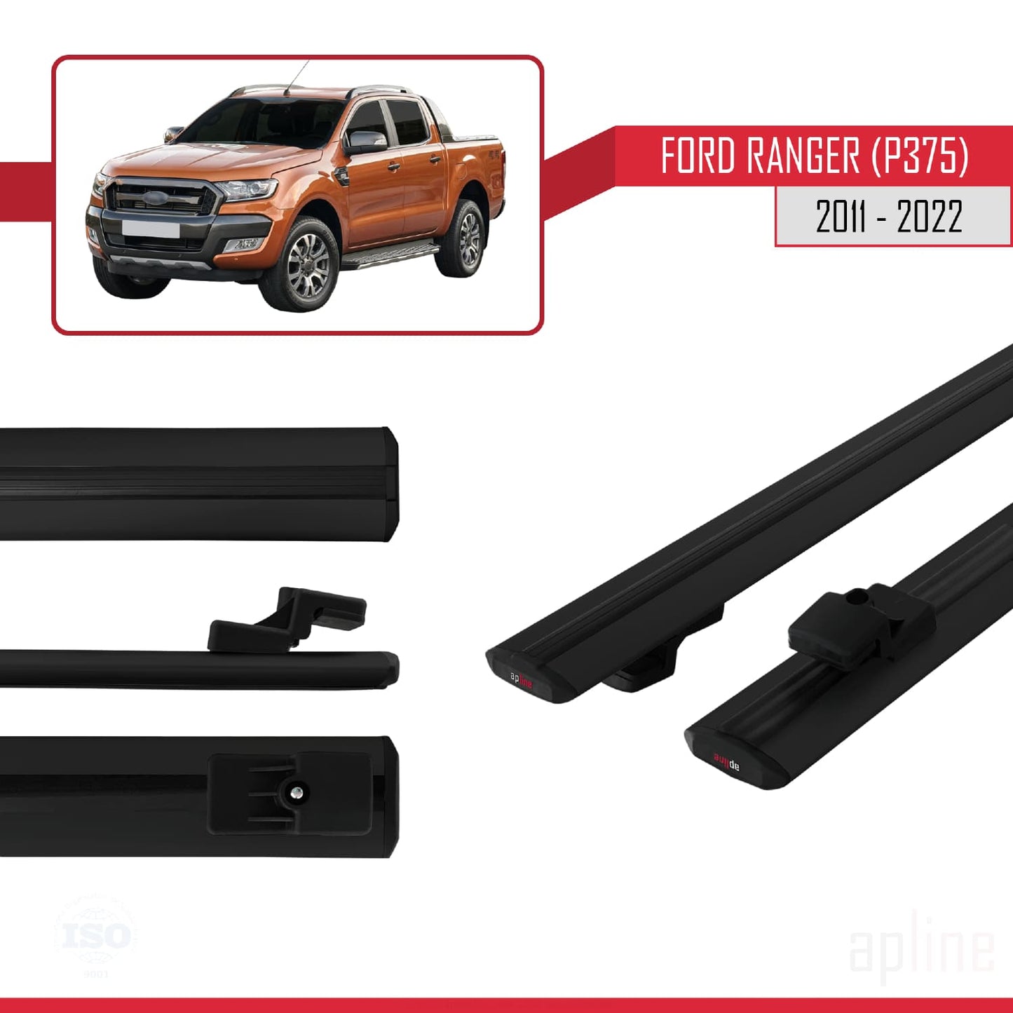 Compatibile con Ford Ranger (P375) 2011-2022 modello BASIC Barre portatutto per auto Portapacchi in alluminio nero 2 barre