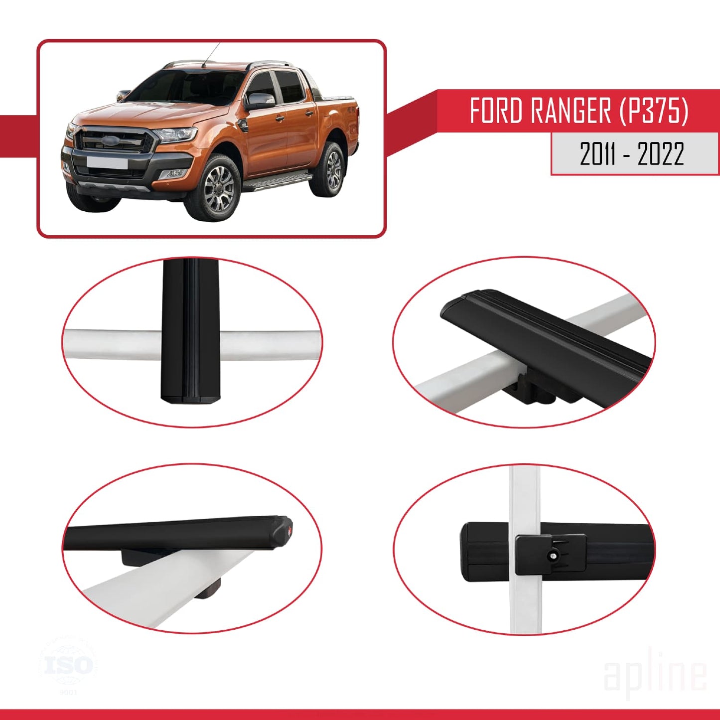Compatibile con Ford Ranger (P375) 2011-2022 modello BASIC Barre portatutto per auto Portapacchi in alluminio nero 2 barre