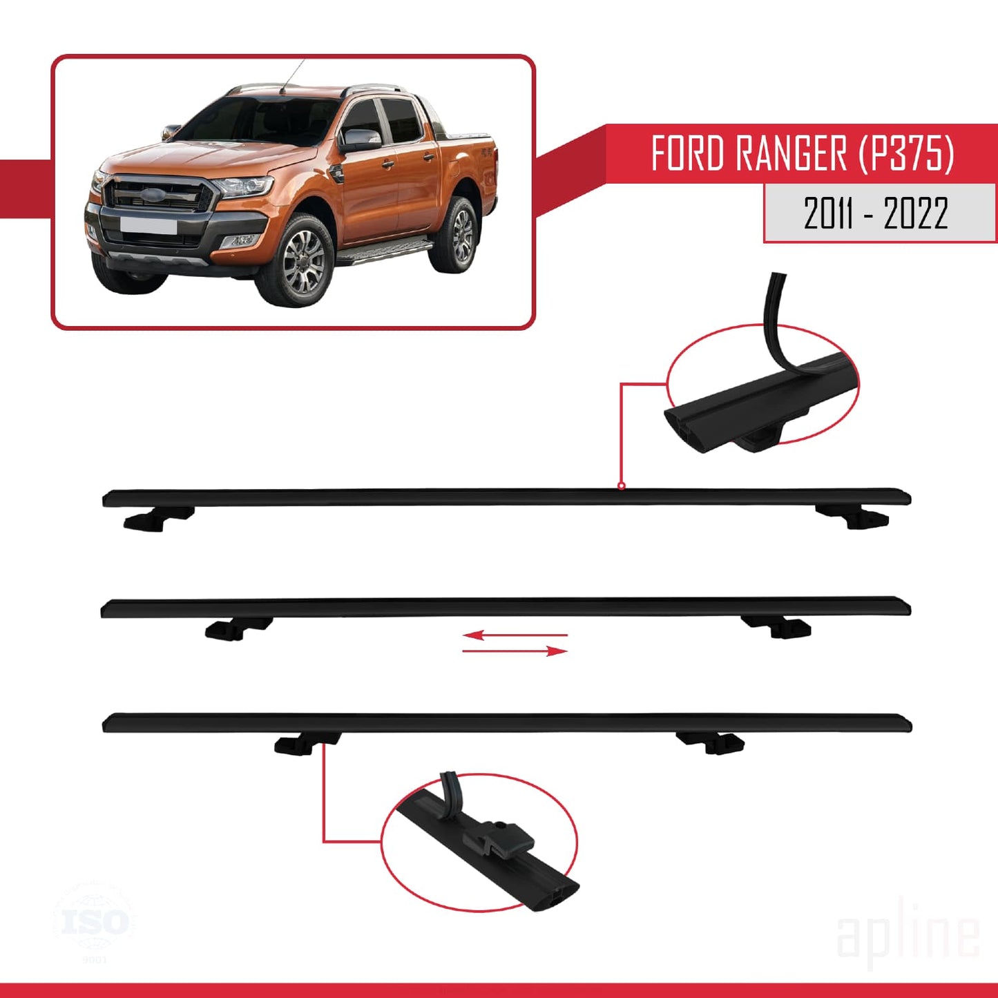 Compatibile con Ford Ranger (P375) 2011-2022 modello BASIC Barre portatutto per auto Portapacchi in alluminio nero 2 barre