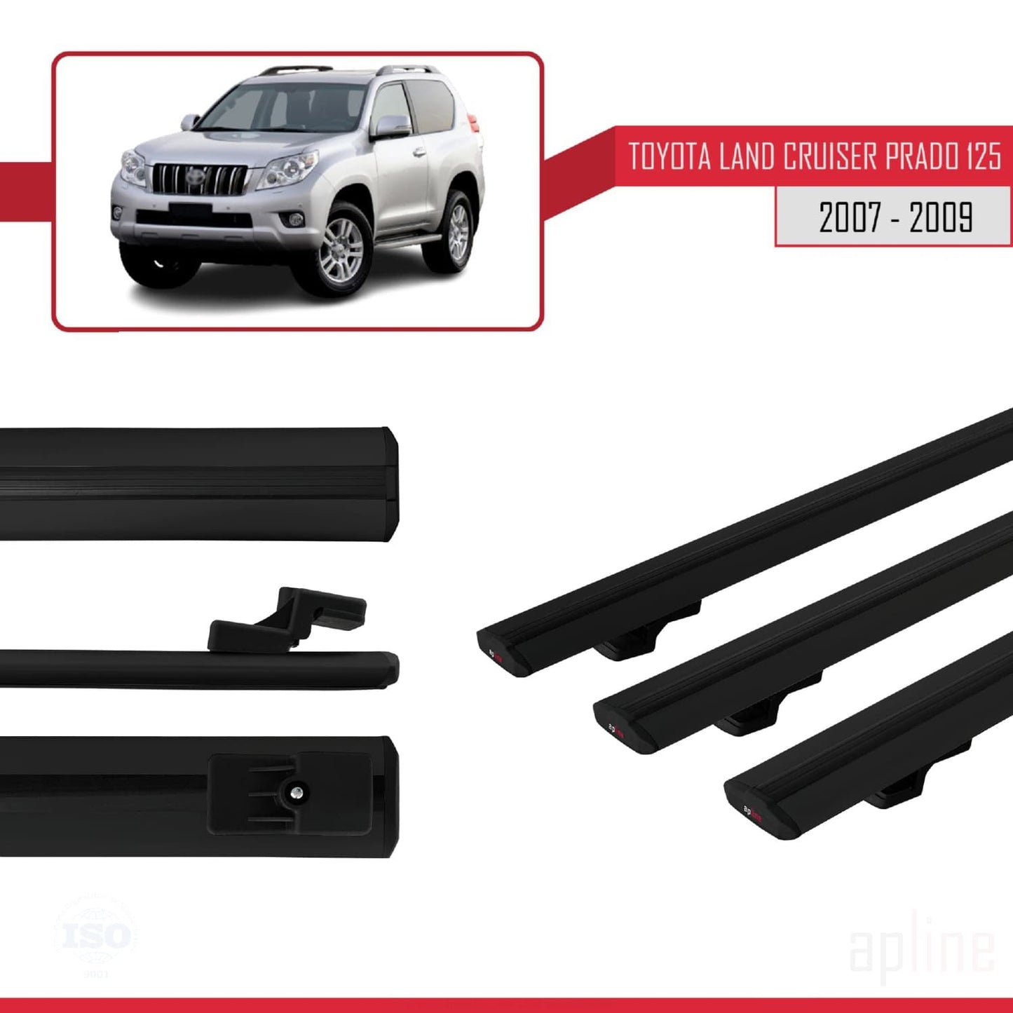 Compatible avec Toyota Land Cruiser Prado (J125) 2007-2009 BASIC Model Barres de Toit Railing Porte-Bagages de Voiture Noir Aluminium 3 Barres