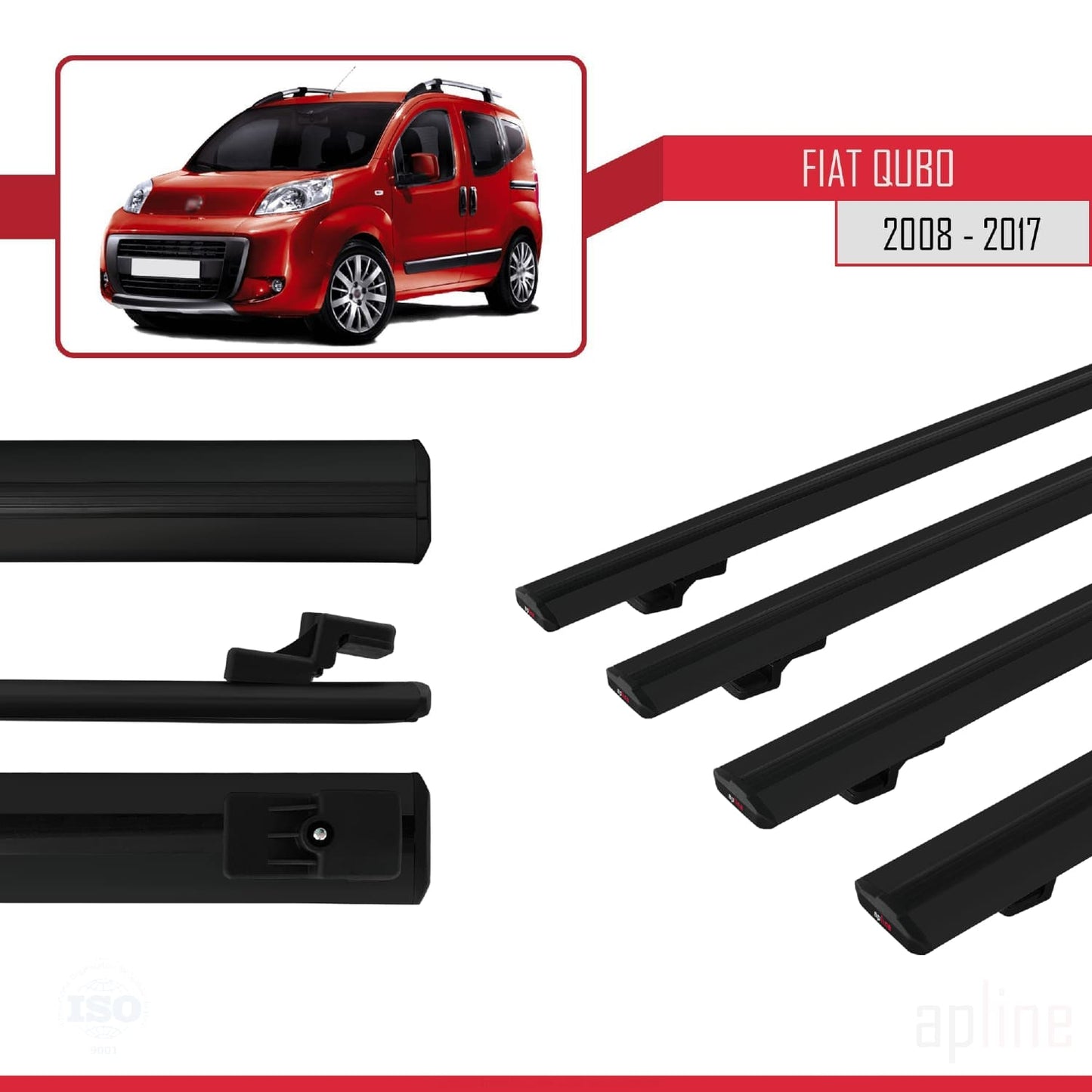 Kompatibel mit Fiat Qubo 2008-2017 Basismodell Dachgepäckträger, schwarzes Aluminium, 4 Stangen