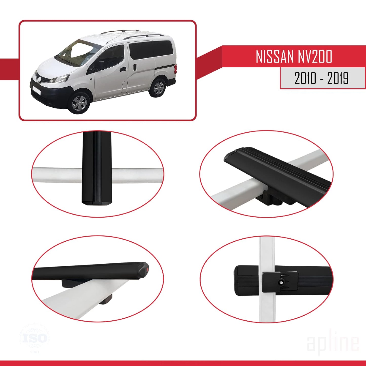 Compatible with Nissan NV200 (M20) 2010-2019 Siyah BASIC Model Car Roof Rack Cross Bar Black Aluminium 2 Bars