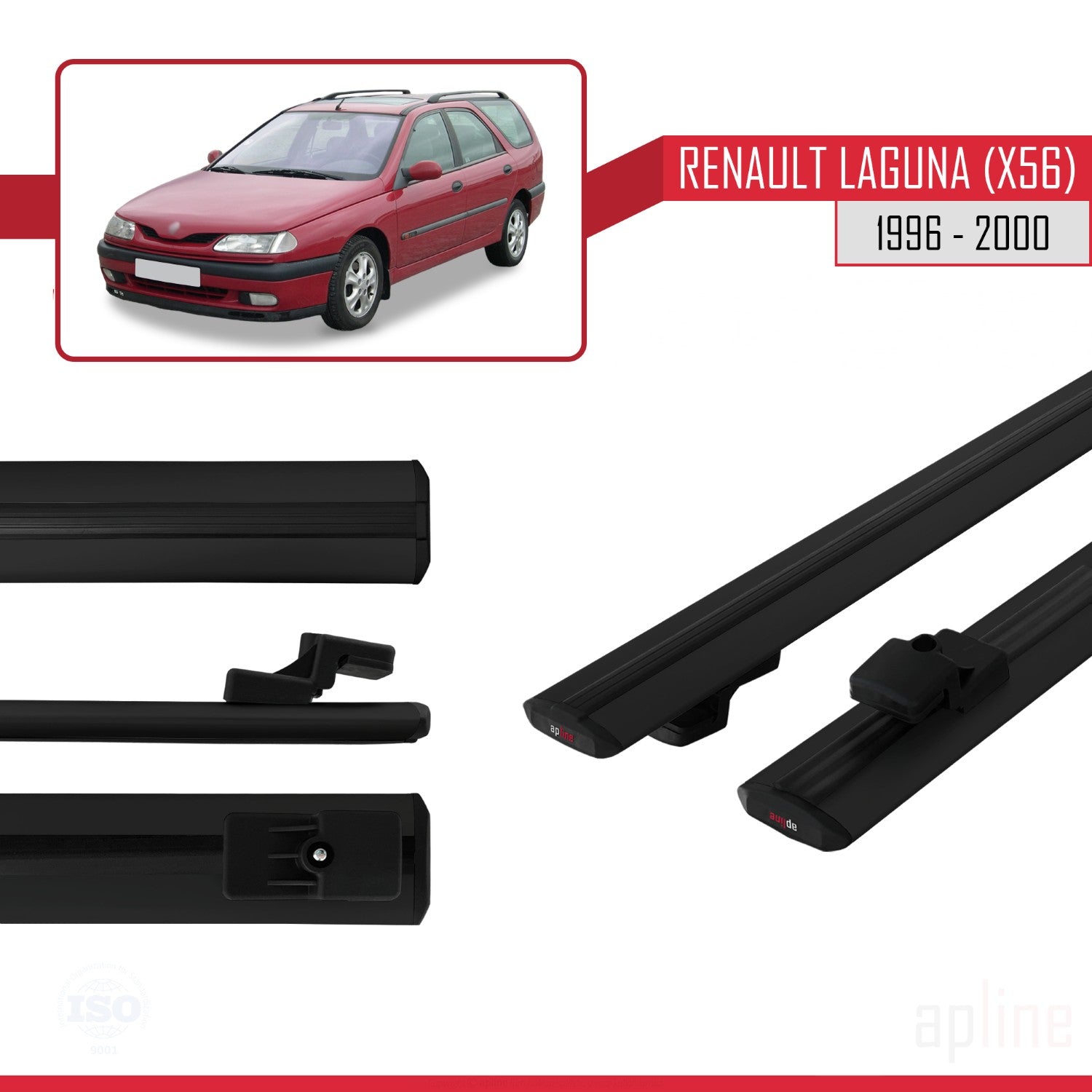Compatible avec Renault Laguna (X56) 1996-200 BASIC Model Barres de Toit Railing Porte-Bagages de Voiture Noir Aluminium 2 Barres