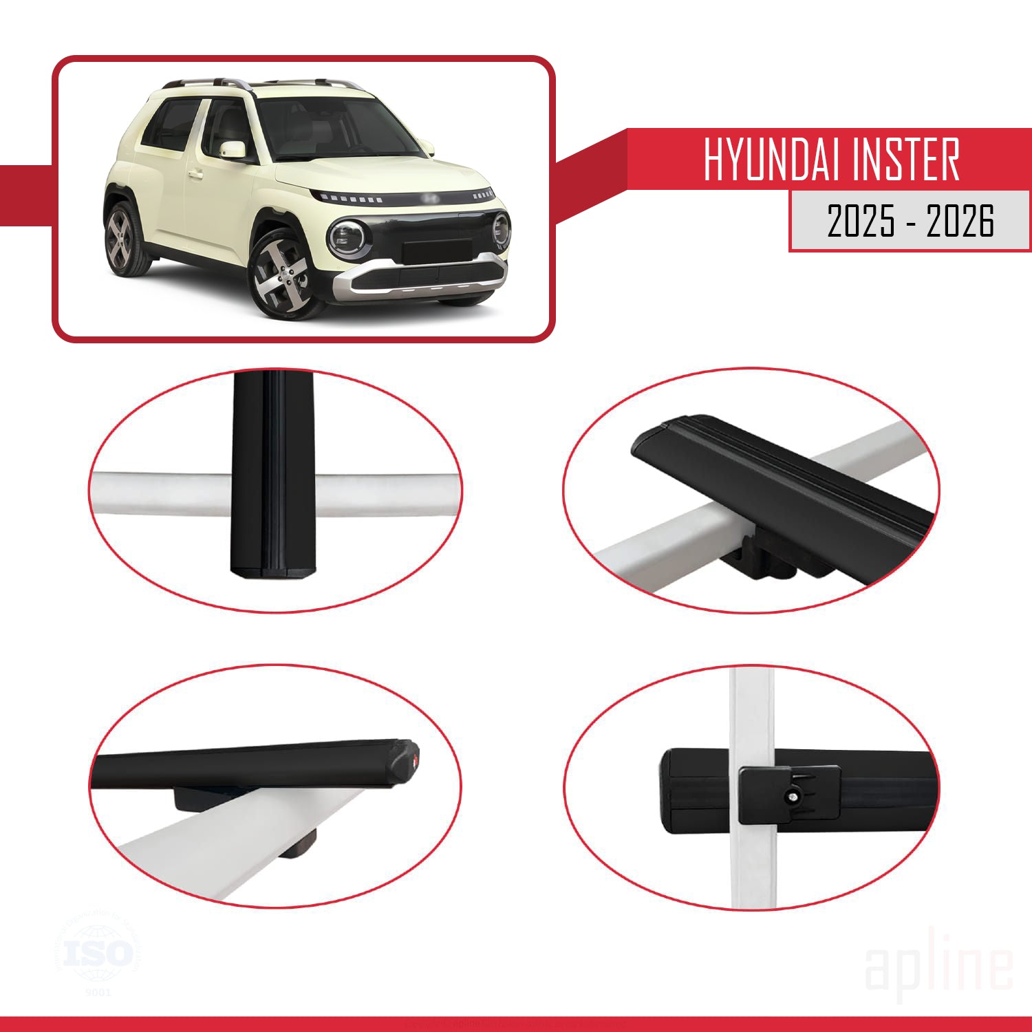 Compatible avec Hyundai Inster 2025-2026 BASIC Model Barres de Toit Railing Porte-Bagages de Voiture Noir Aluminium 2 Barres