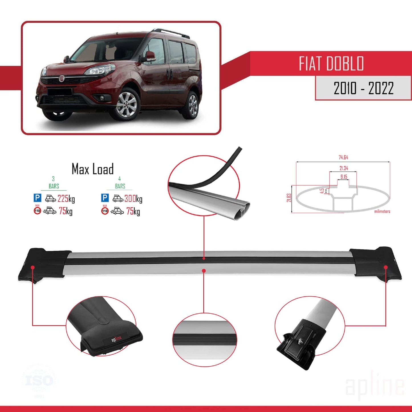 Compatibile con Fiat Doblo 2 2010-2022 Modello FLY Barre Portatutto Railing Portapacchi Auto Alluminio Grigio 4 Barre