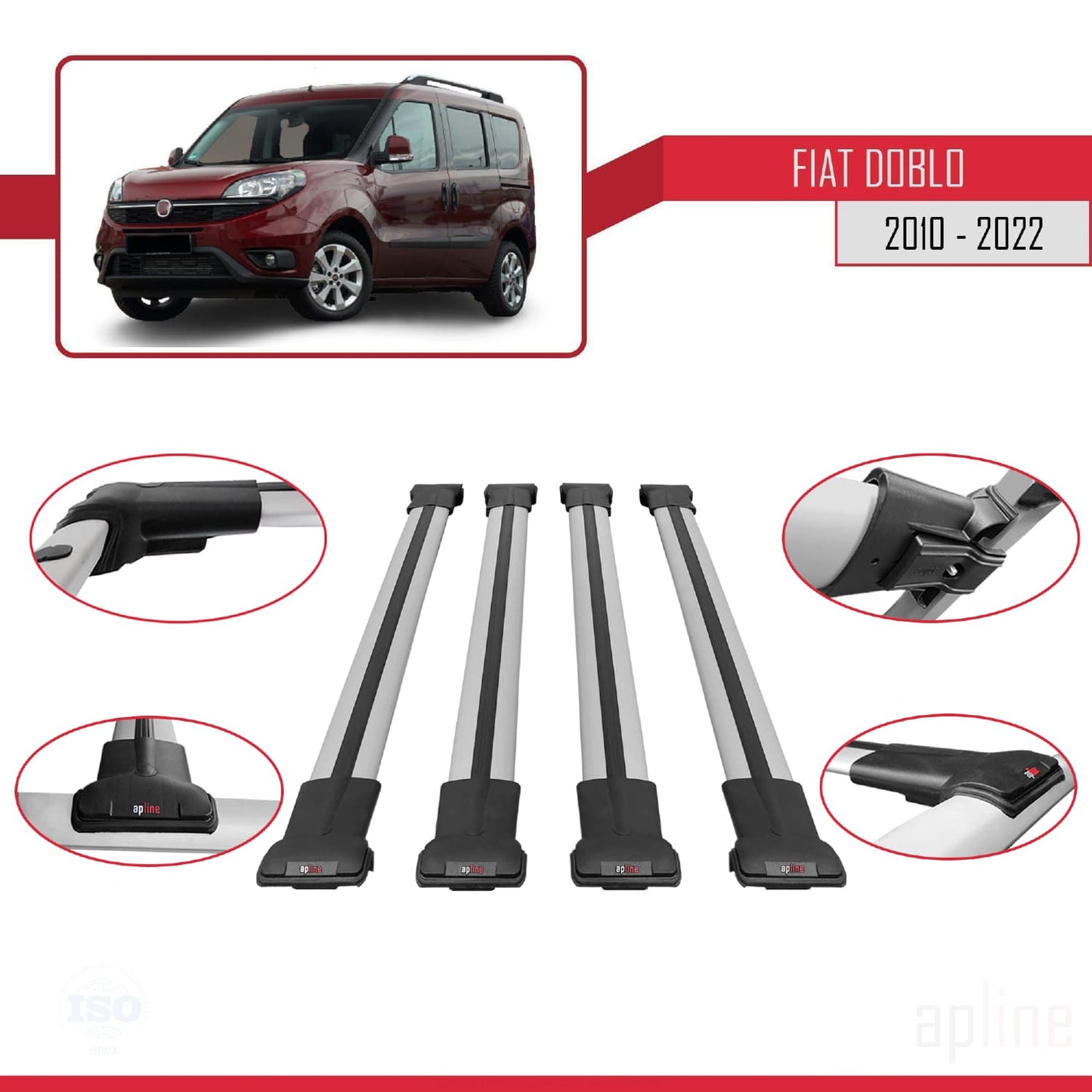 Compatibile con Fiat Doblo 2 2010-2022 Modello FLY Barre Portatutto Railing Portapacchi Auto Alluminio Grigio 4 Barre