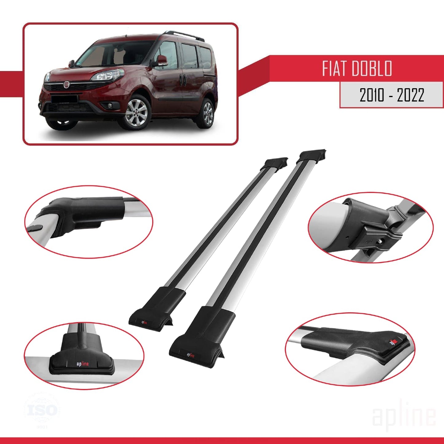 Compatibile con Fiat Doblo 2 2010-2022 Modello FLY Barre Portatutto Railing Portapacchi Auto Alluminio Grigio 2 Barre
