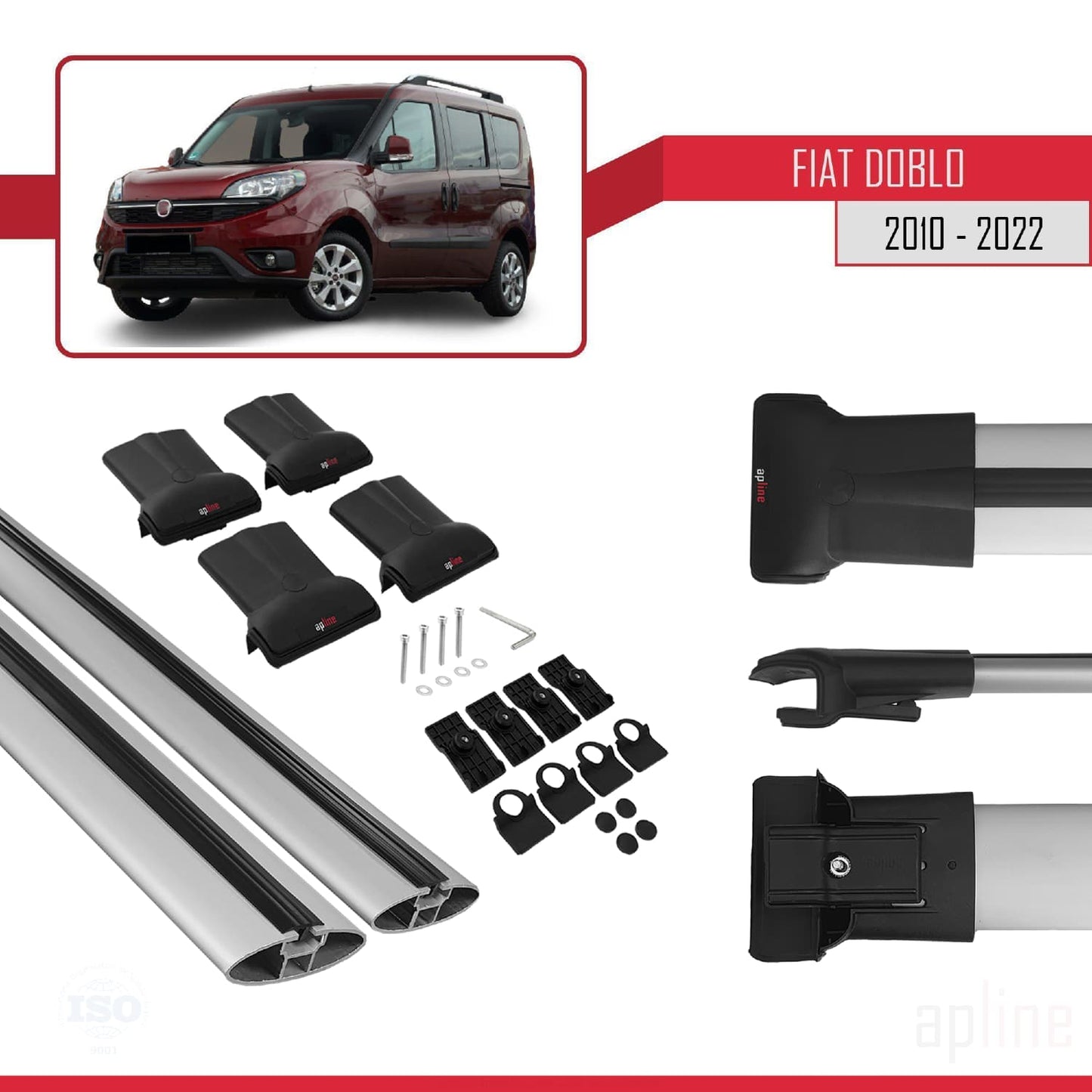 Compatibile con Fiat Doblo 2 2010-2022 Modello FLY Barre Portatutto Railing Portapacchi Auto Alluminio Grigio 2 Barre