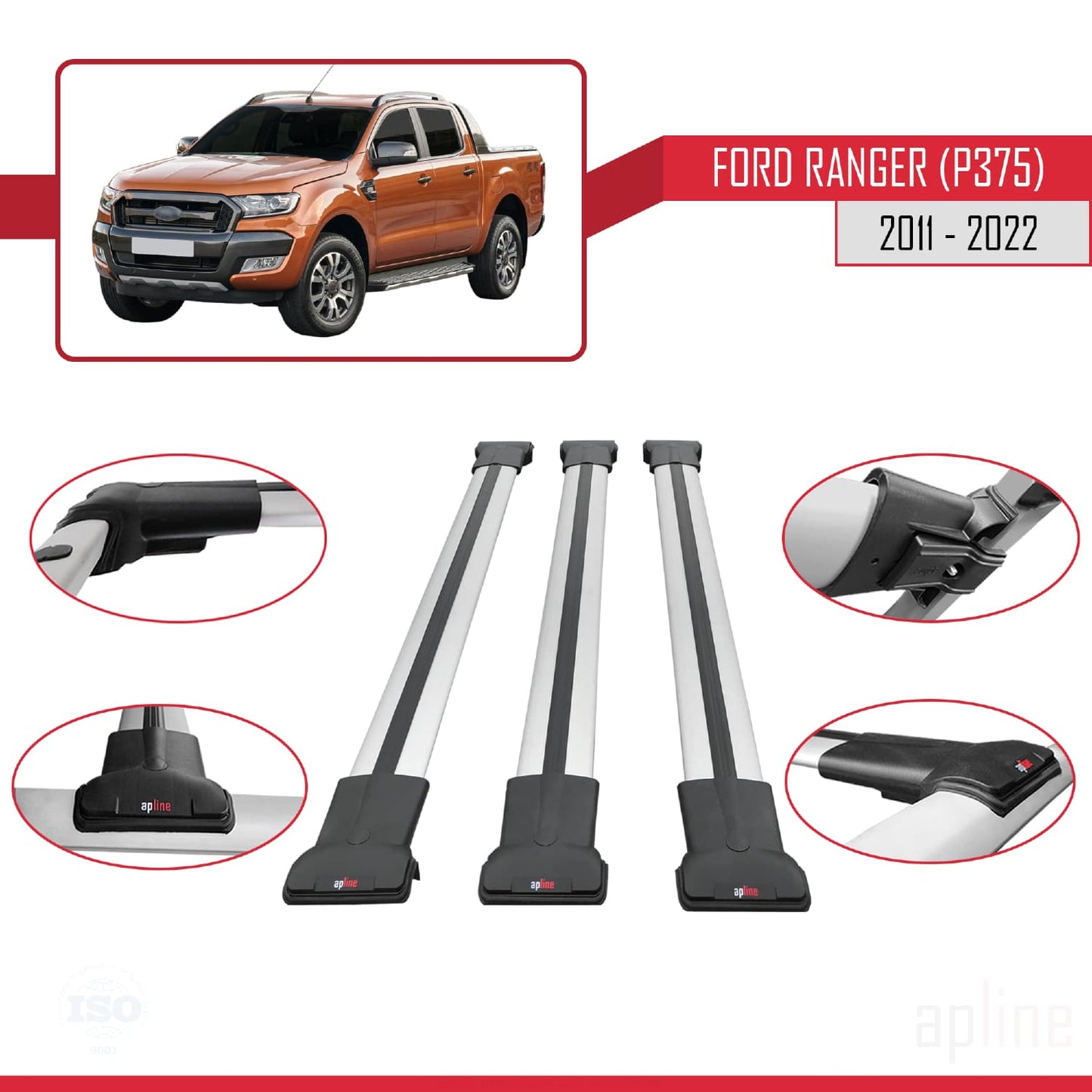 Compatibile con Ford Ranger (P375) 2011-2022 modello FLY Barre portatutto per auto Portapacchi in alluminio grigio 3 barre
