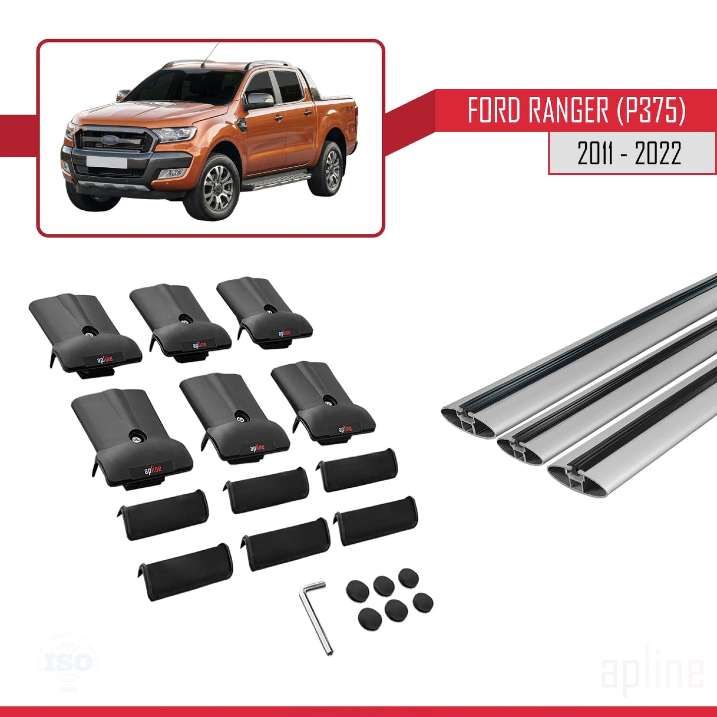 Compatibile con Ford Ranger (P375) 2011-2022 modello FLY Barre portatutto per auto Portapacchi in alluminio grigio 3 barre
