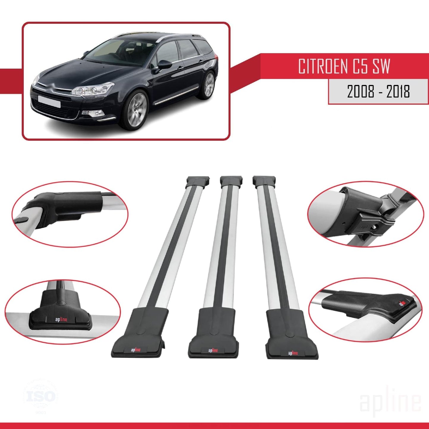 Compatibile con Citroen C5 II Tourer 2008-2018 modello FLY Barre portatutto per auto Portapacchi in alluminio grigio 3 barre