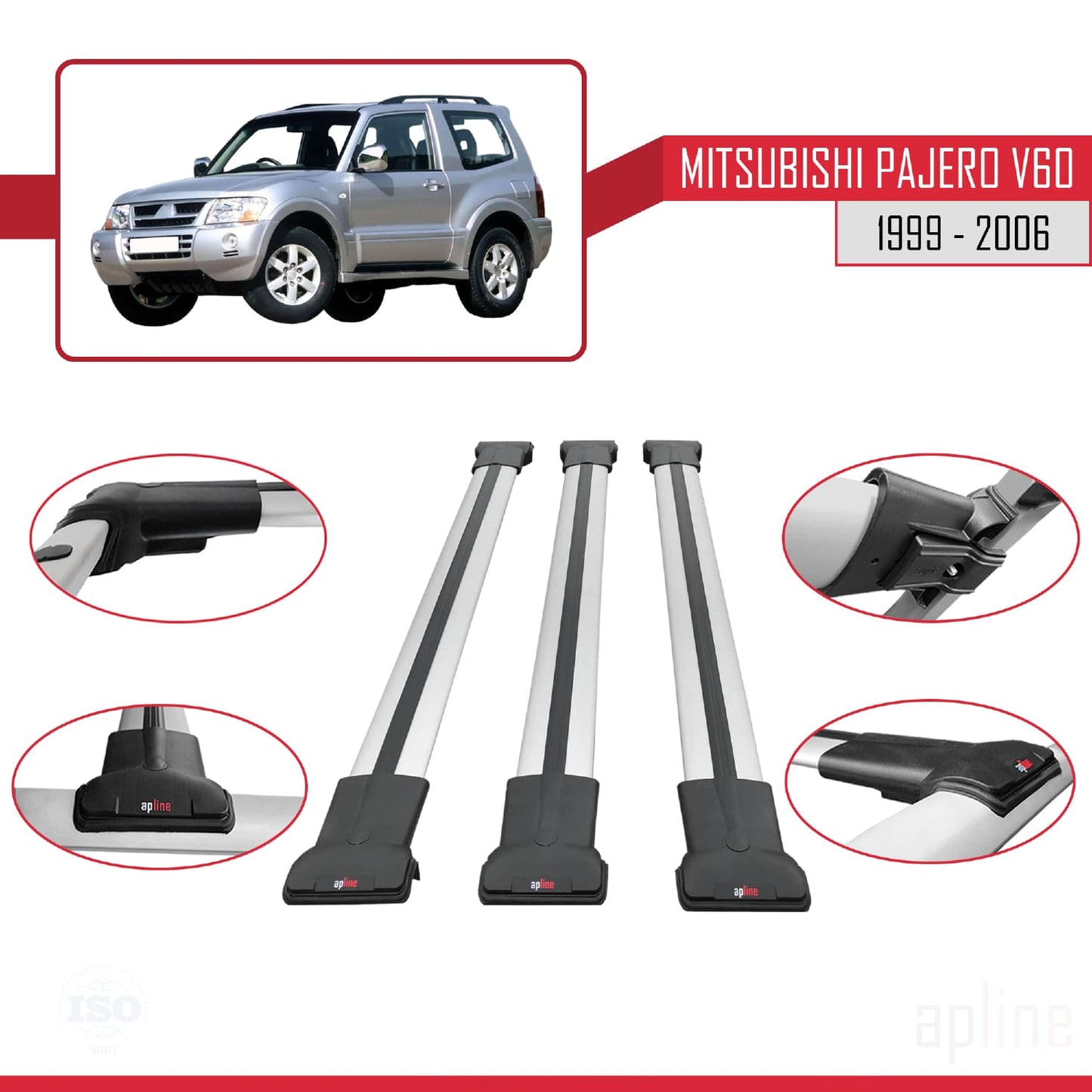 Compatible with Mitsubishi Pajero (V60) 3 Kapı 1999-2006 FLY Model Car Roof Rack Cross Bar Grey Aluminium 3 Bars