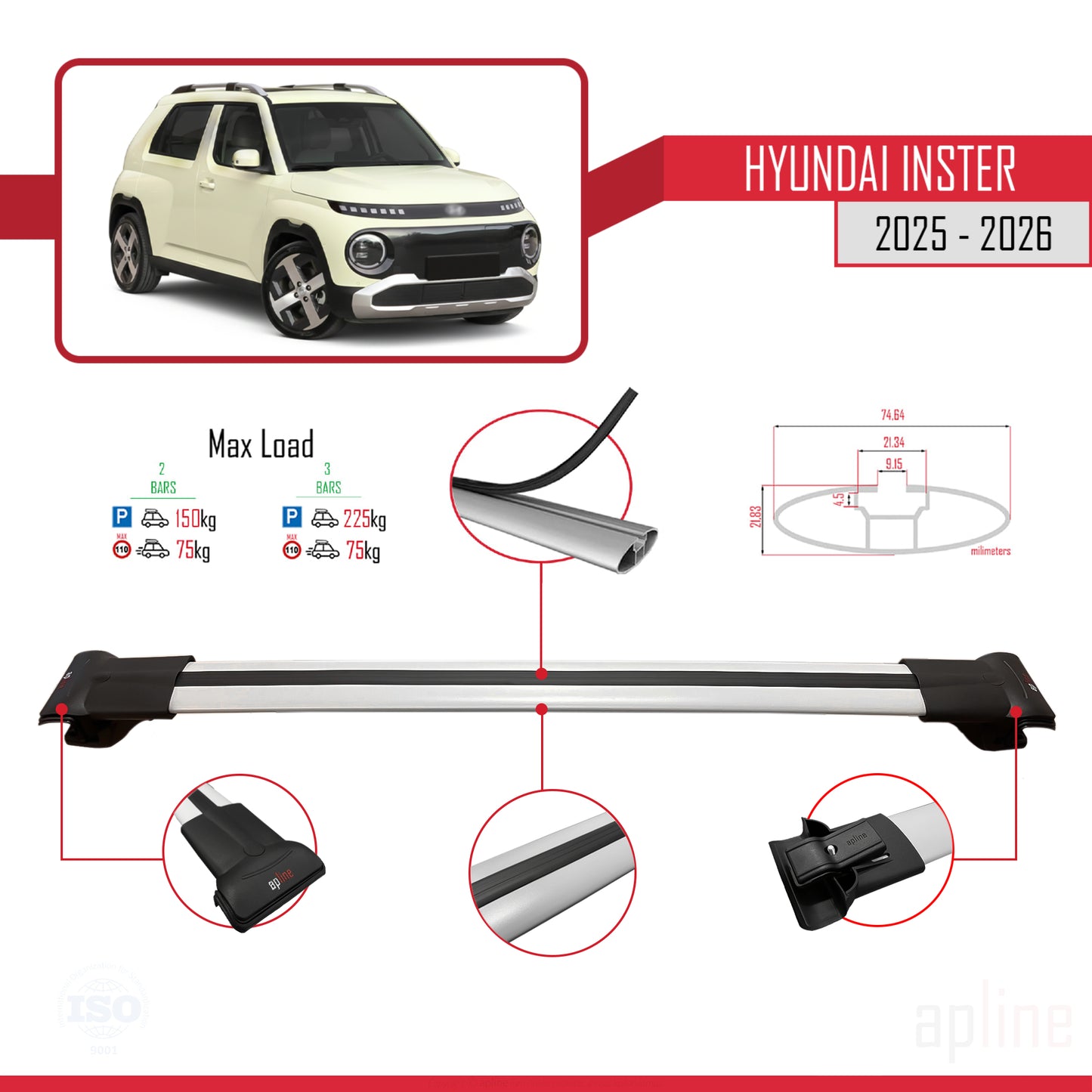 Compatible avec Hyundai Inster 2025-2026 FLY Model Barres de Toit Railing Porte-Bagages de Voiture Gris Aluminium 2 Barres