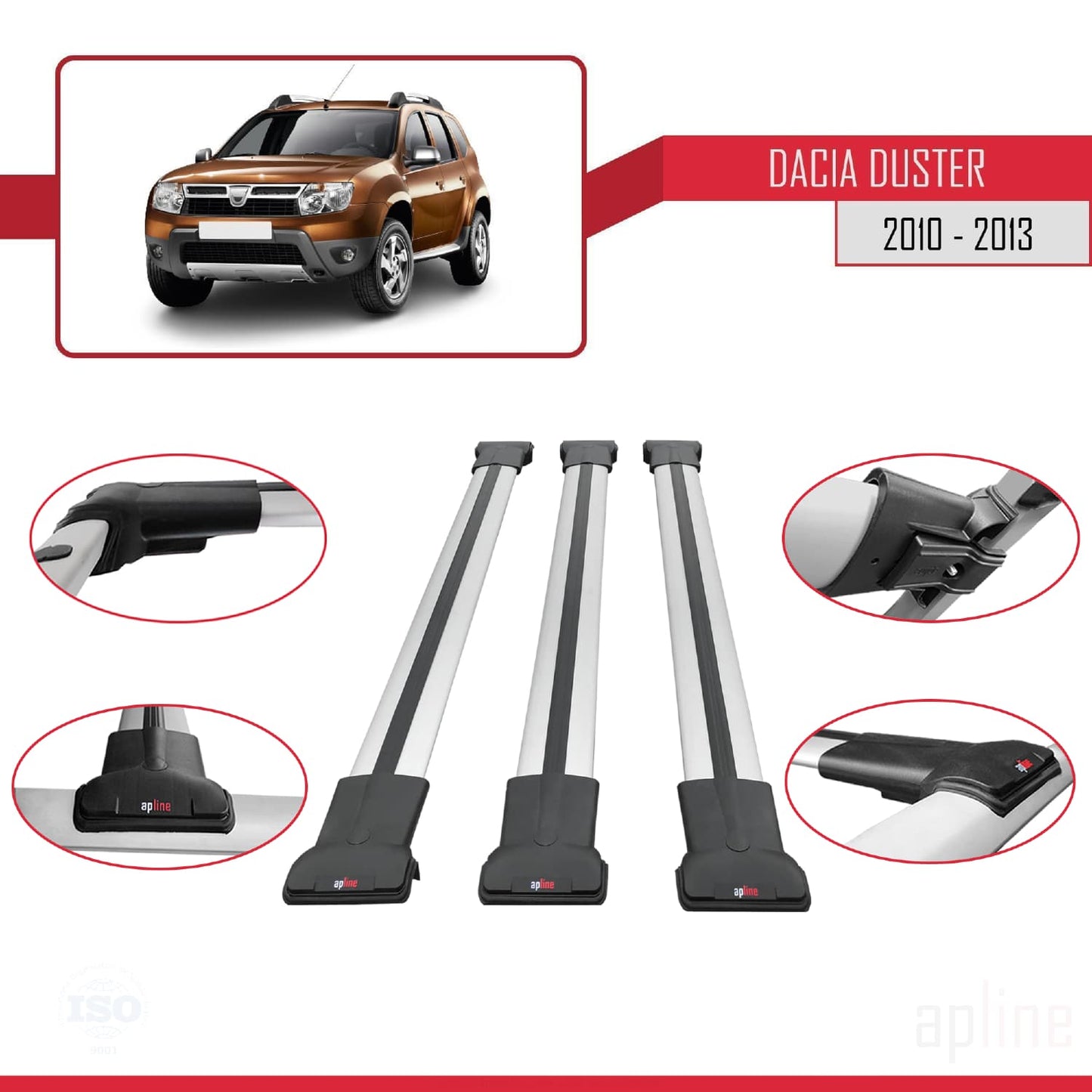 Compatibile con Dacia Duster (HS) Pre-Facelift 2010-2013 modello FLY Barre portatutto per auto Portapacchi in alluminio grigio 3 barre