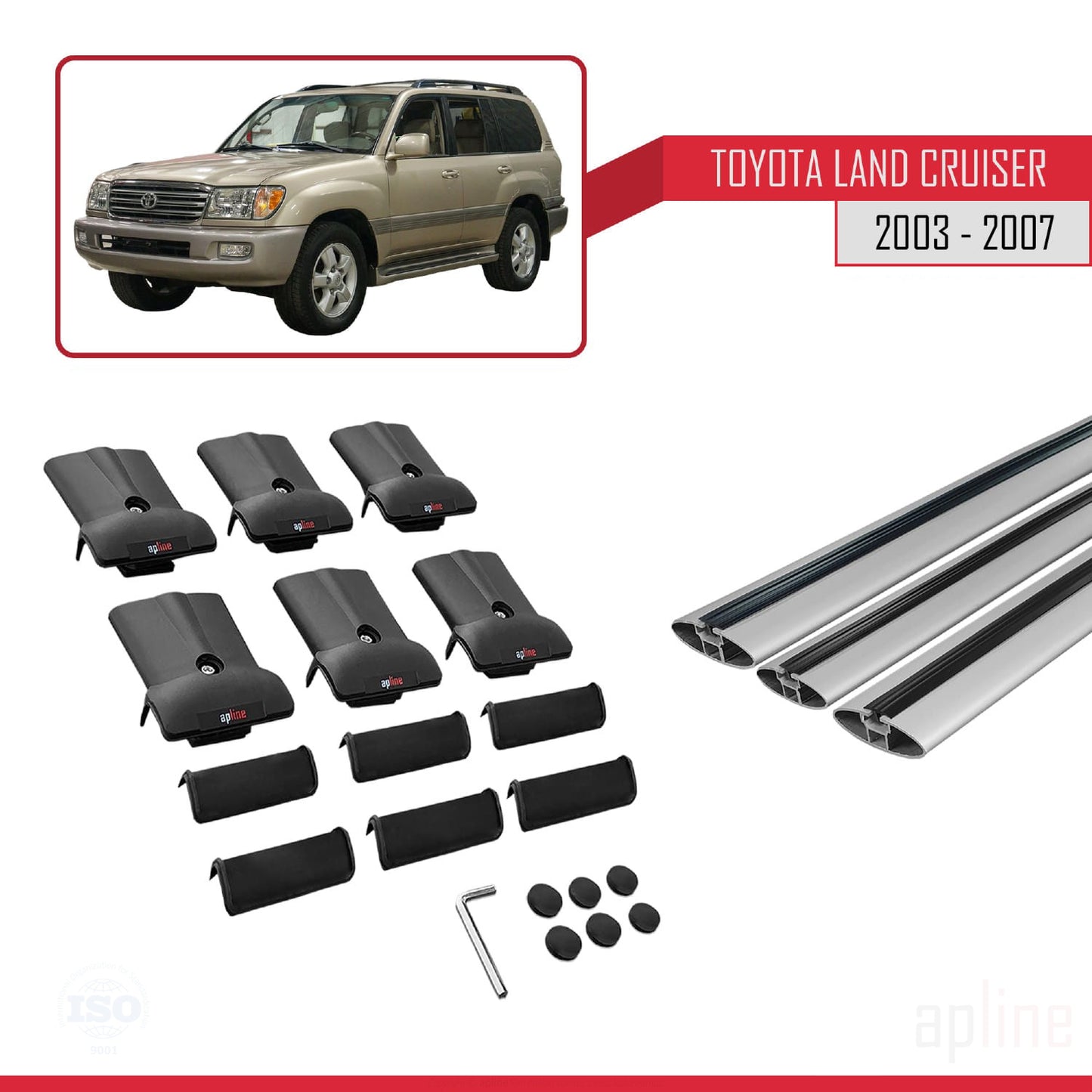 Compatible avec Toyota Land Cruiser (J100) 2003-2007 FLY Model Barres de Toit Railing Porte-Bagages de Voiture Gris Aluminium 3 Barres