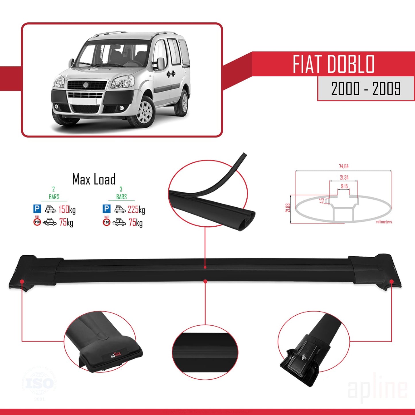 Compatibile con Fiat Doblo 2000-2009 modello FLY Barre portatutto per auto Portapacchi NERO