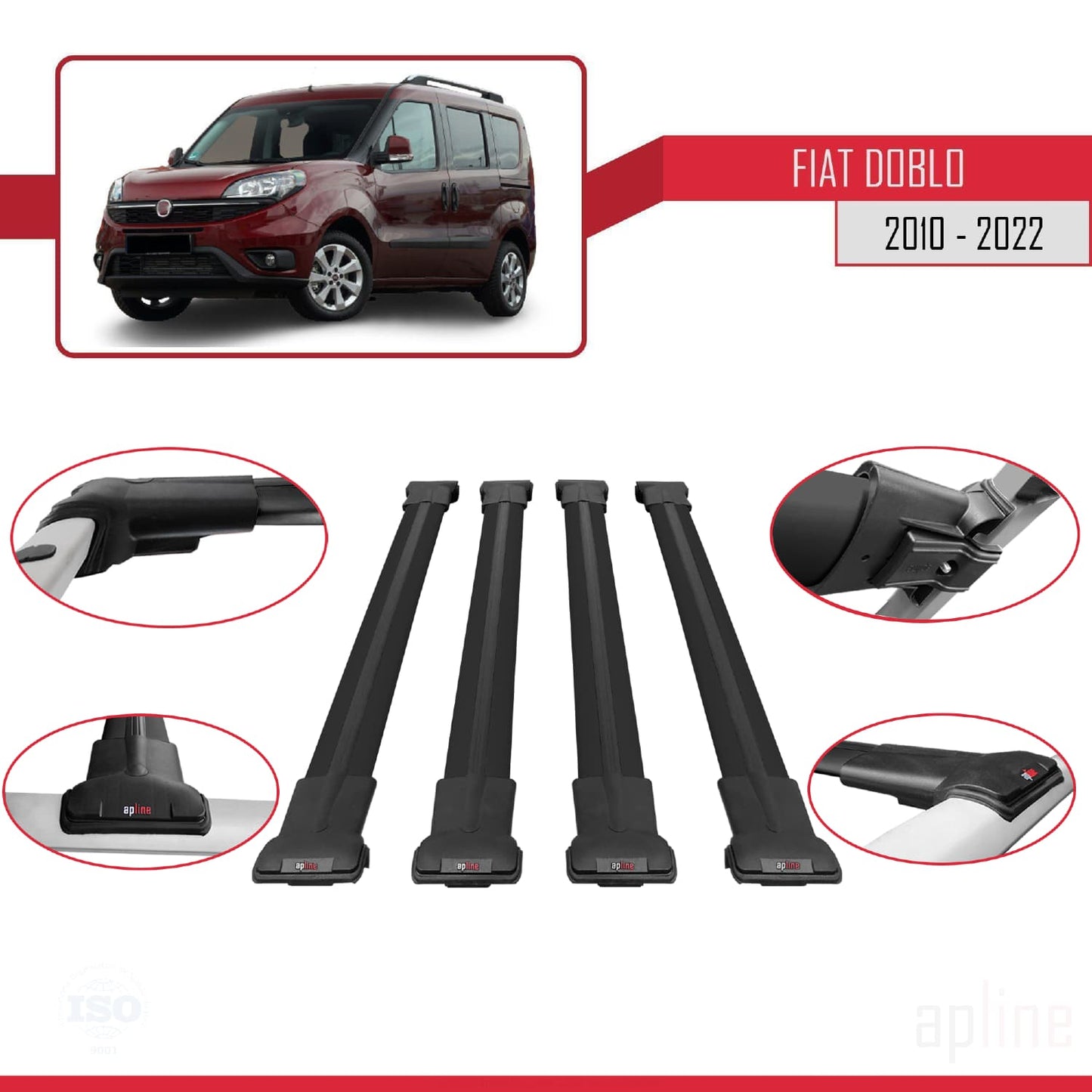 Compatibile con Fiat Doblo 2 2010-2022 Modello FLY Barre Portatutto Railing Portapacchi Auto Alluminio Nero 4 Barre