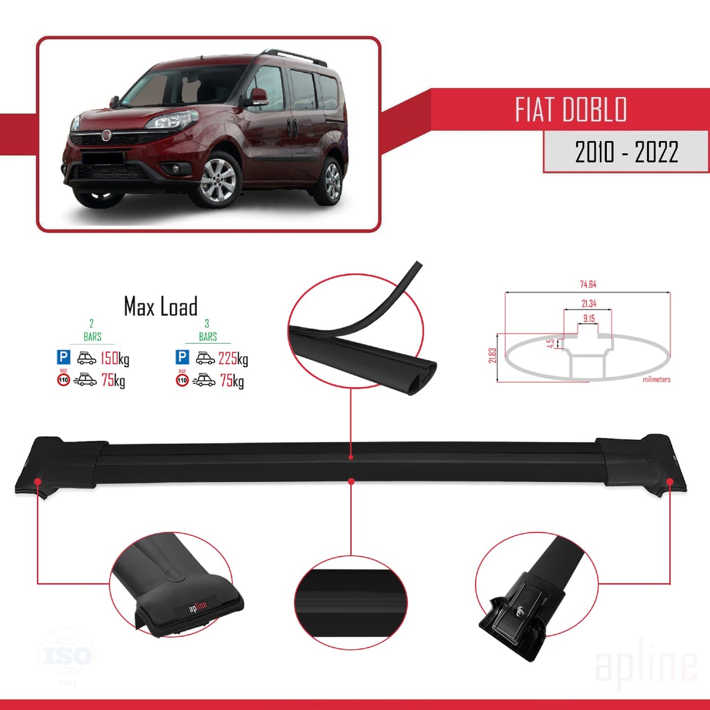 Compatibile con Fiat Doblo 2 2010-2022 modello FLY Barre portatutto Railing Portapacchi Auto Alluminio Nero 2 Barre