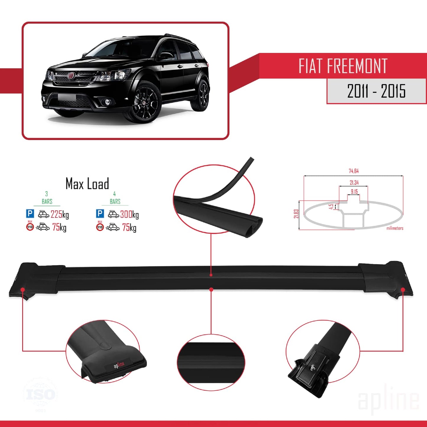 Compatibile con Fiat Freemont 2011-2015 modello FLY Barre portatutto Railing Portapacchi per auto Alluminio nero 3 barre