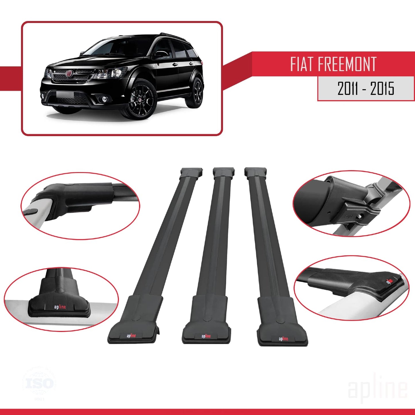 Compatibile con Fiat Freemont 2011-2015 modello FLY Barre portatutto Railing Portapacchi per auto Alluminio nero 3 barre