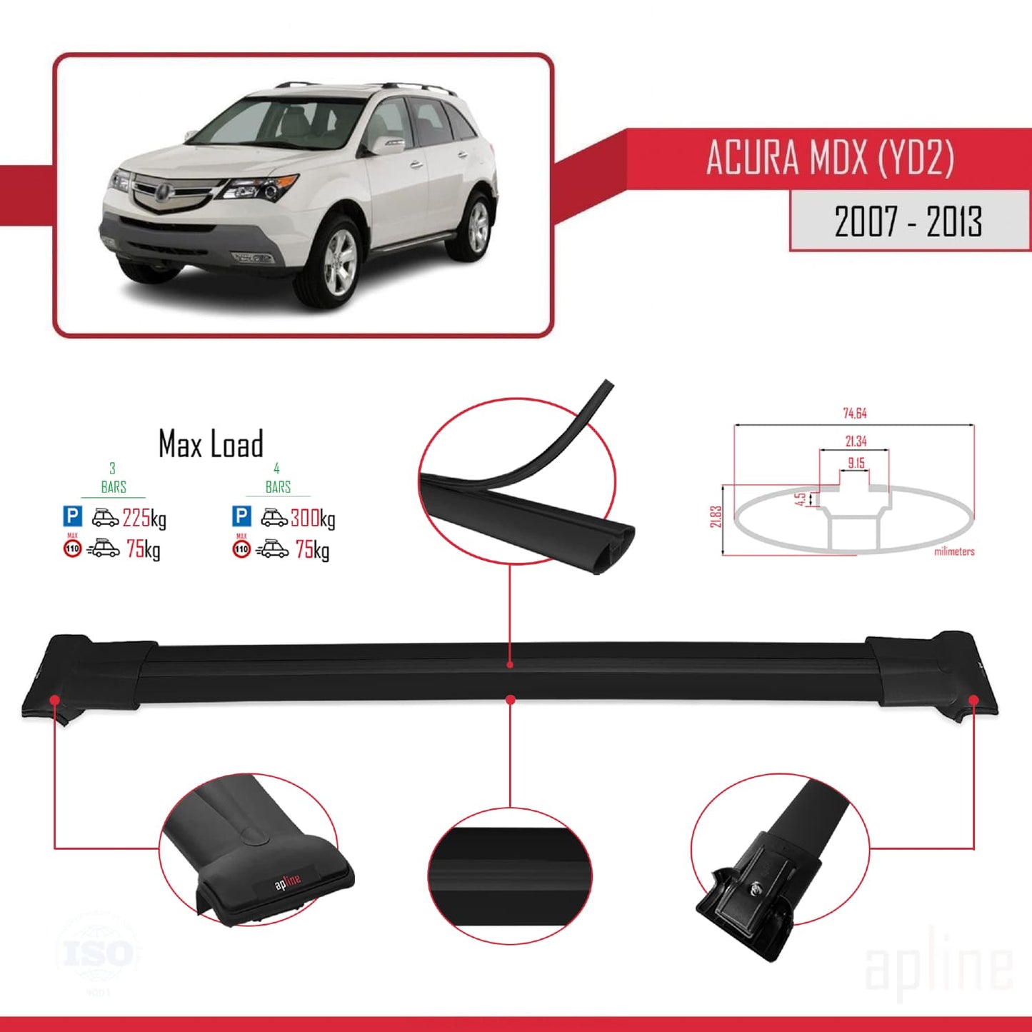Compatibile con Acura MDX (YD2) 2007-2013 modello FLY Barre portatutto per auto Portapacchi in alluminio nero 3 barre