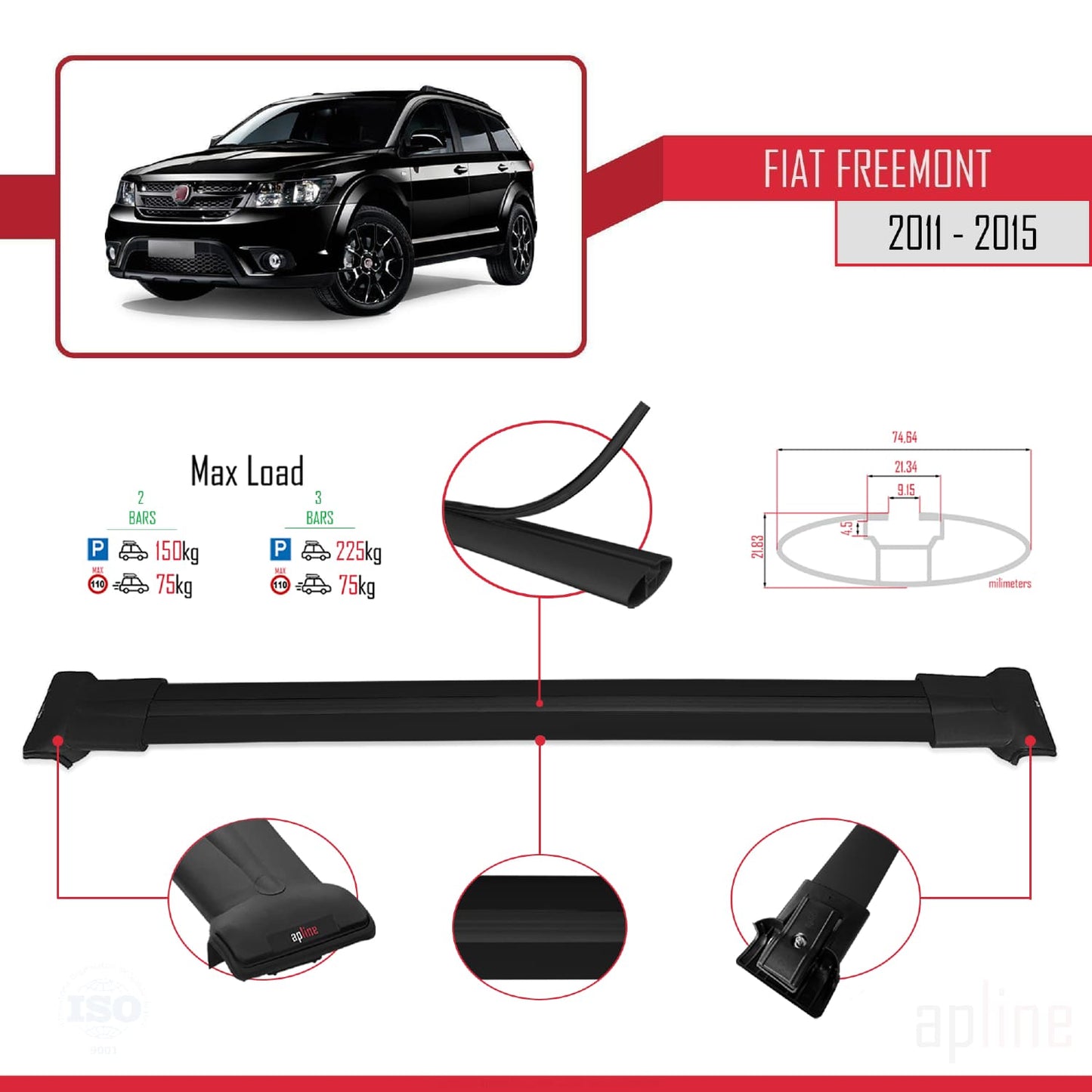 Compatibile con Fiat Freemont 2011-2015 modello FLY Barre portatutto Railing Portapacchi per auto Alluminio nero 2 barre