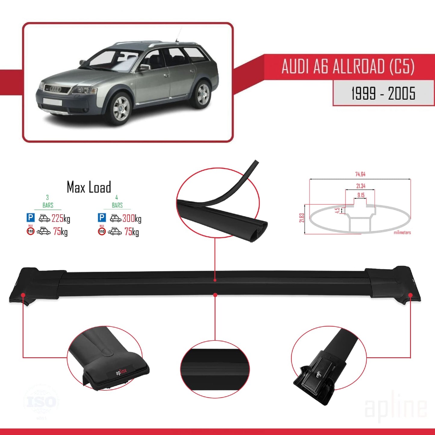 Compatibile con A6 (C5) Allroad 1999-2005 modello FLY Barre portatutto per auto Portapacchi in alluminio nero 3 barre