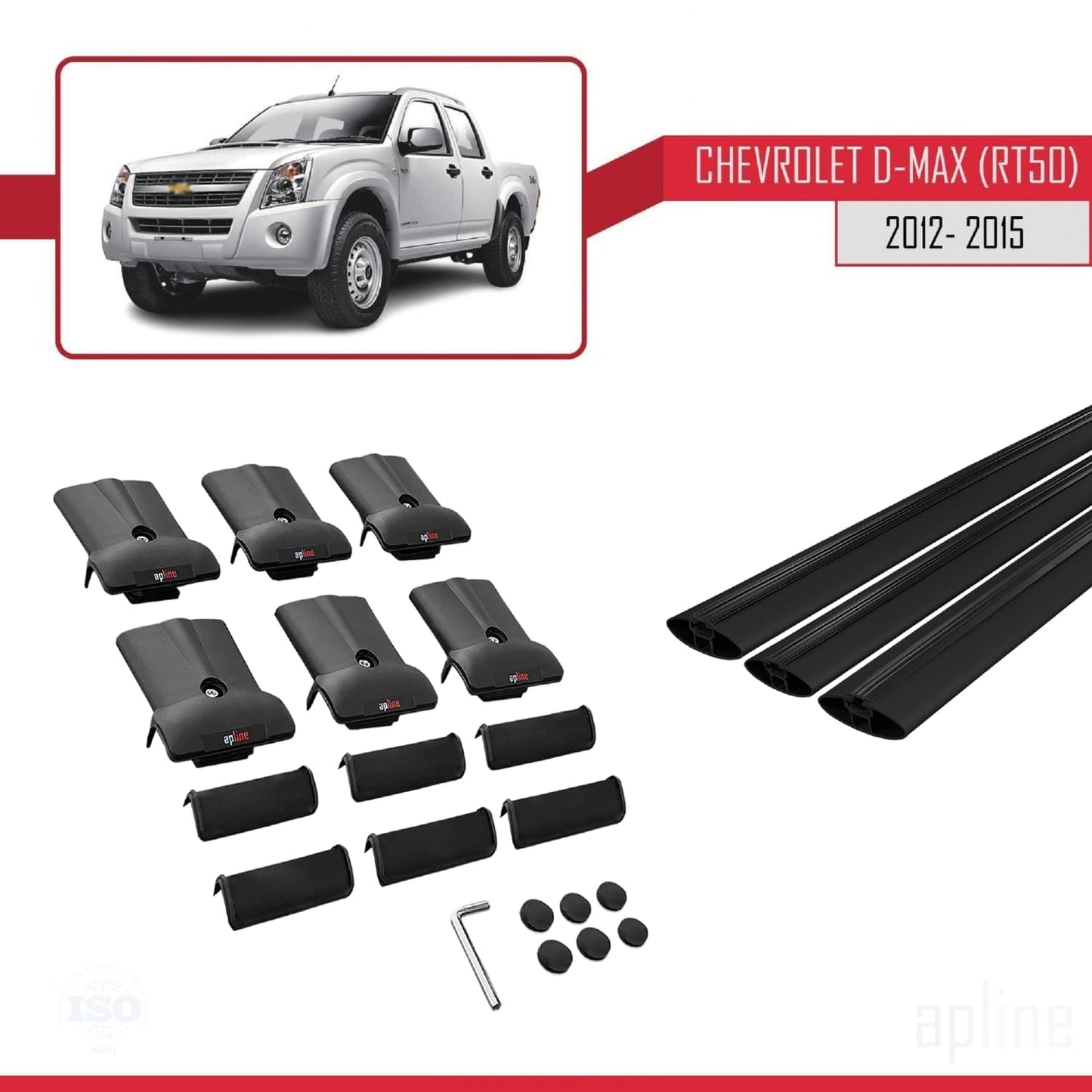 Compatibile con Chevrolet D-Max (RT50) 2012-2015 modello FLY Barre portatutto per auto Portapacchi in alluminio nero 3 barre