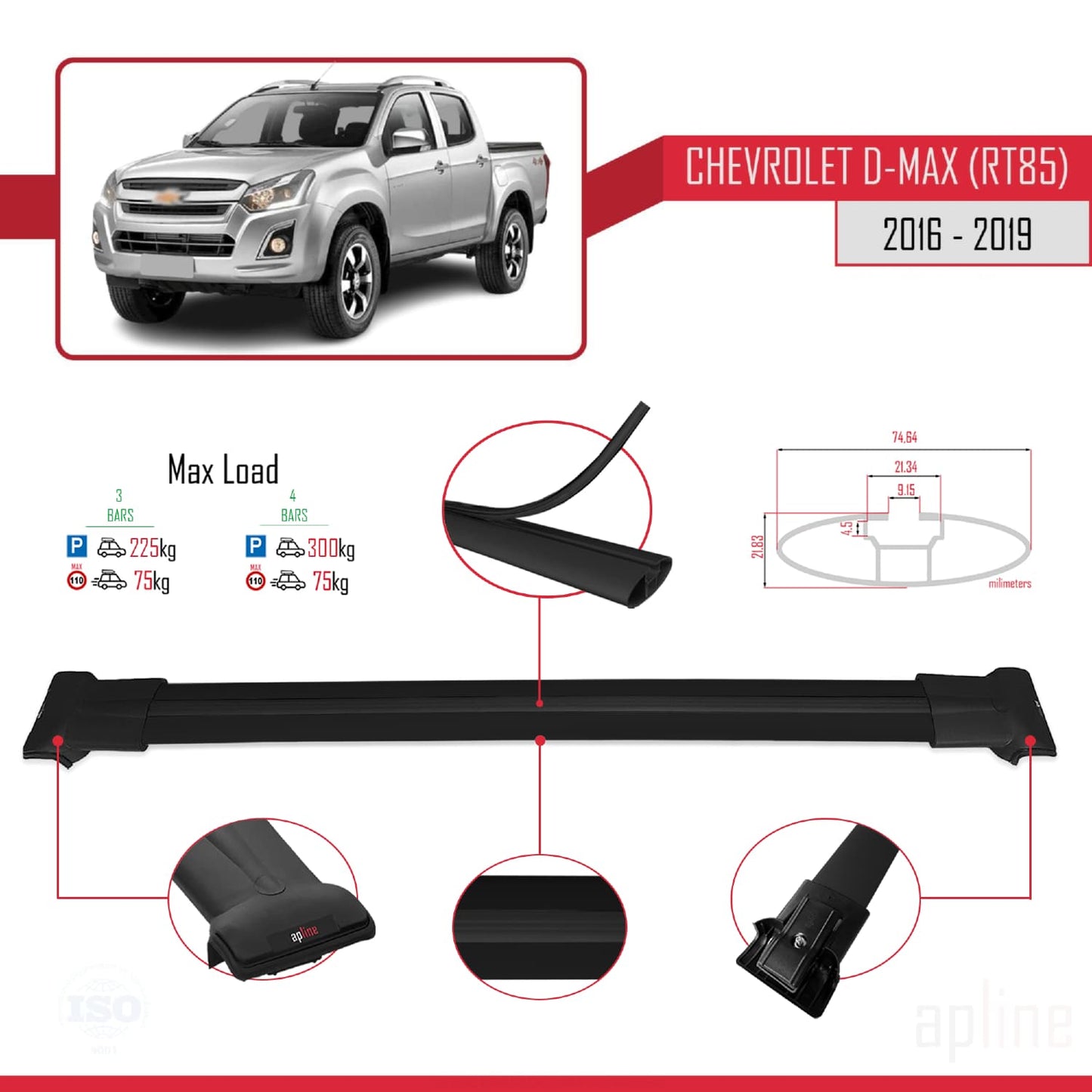 Compatibile con Chevrolet D-Max (RT85) 2016-2019 modello FLY Barre portatutto per auto Portapacchi in alluminio nero 3 barre