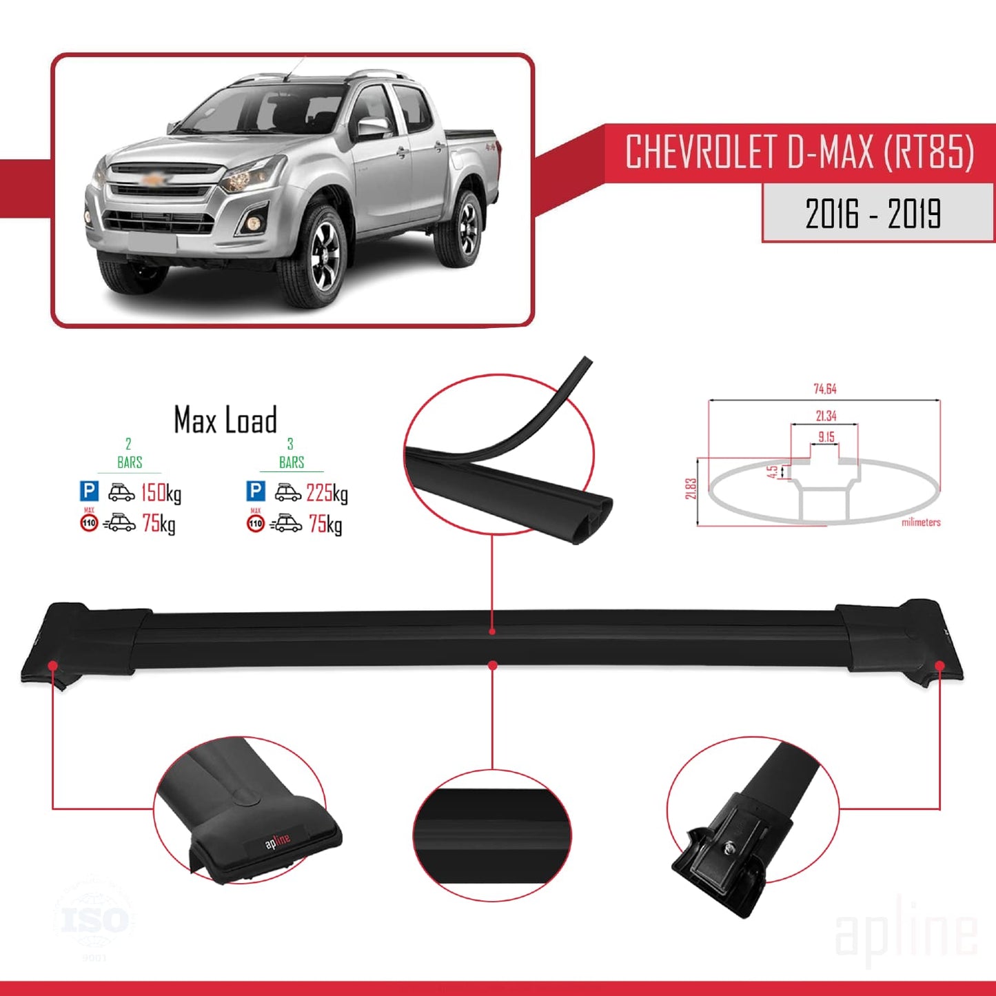 Compatibile con Chevrolet D-Max (RT85) 2016-2019 modello FLY Barre portatutto per auto Portapacchi in alluminio nero 2 barre