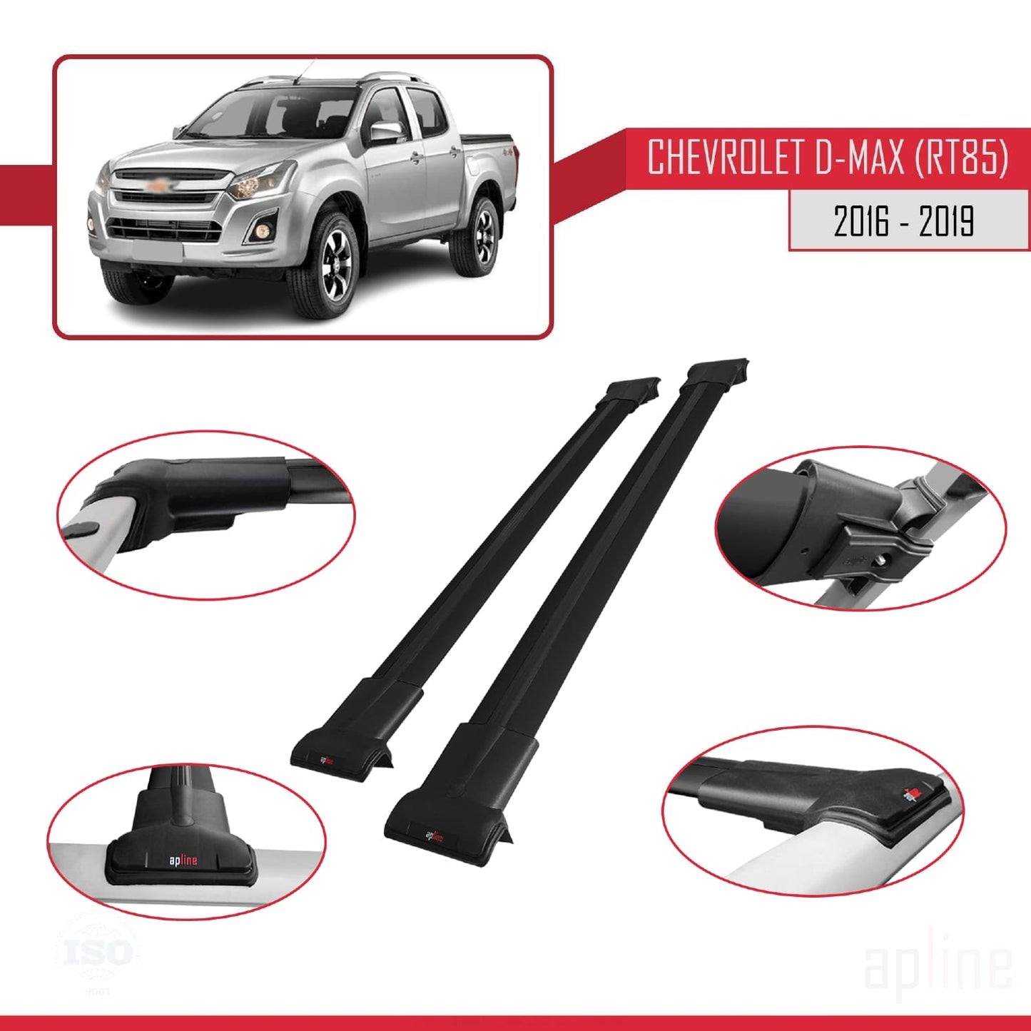 Compatibile con Chevrolet D-Max (RT85) 2016-2019 modello FLY Barre portatutto per auto Portapacchi in alluminio nero 2 barre