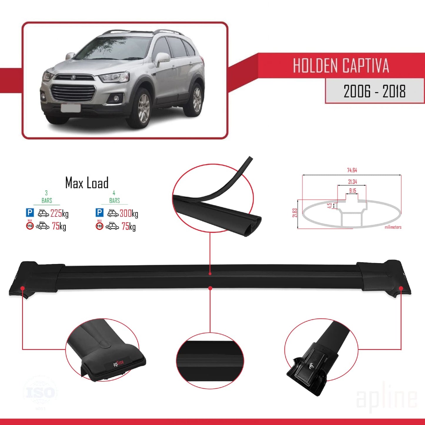 Compatibile con Holden Captiva 2006-2018 modello FLY Barre portatutto per auto Portapacchi in alluminio nero 3 barre