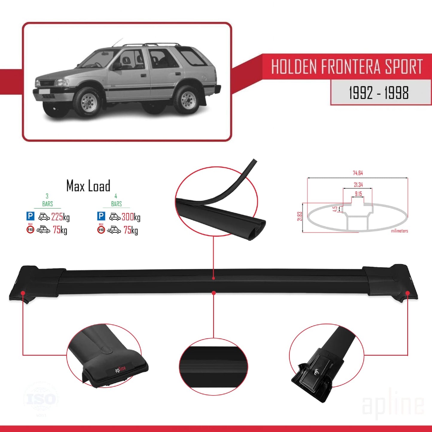 Compatibile con Holden Frontera Sport 1992-1998 modello FLY Barre portatutto per auto Portapacchi in alluminio nero 3 barre