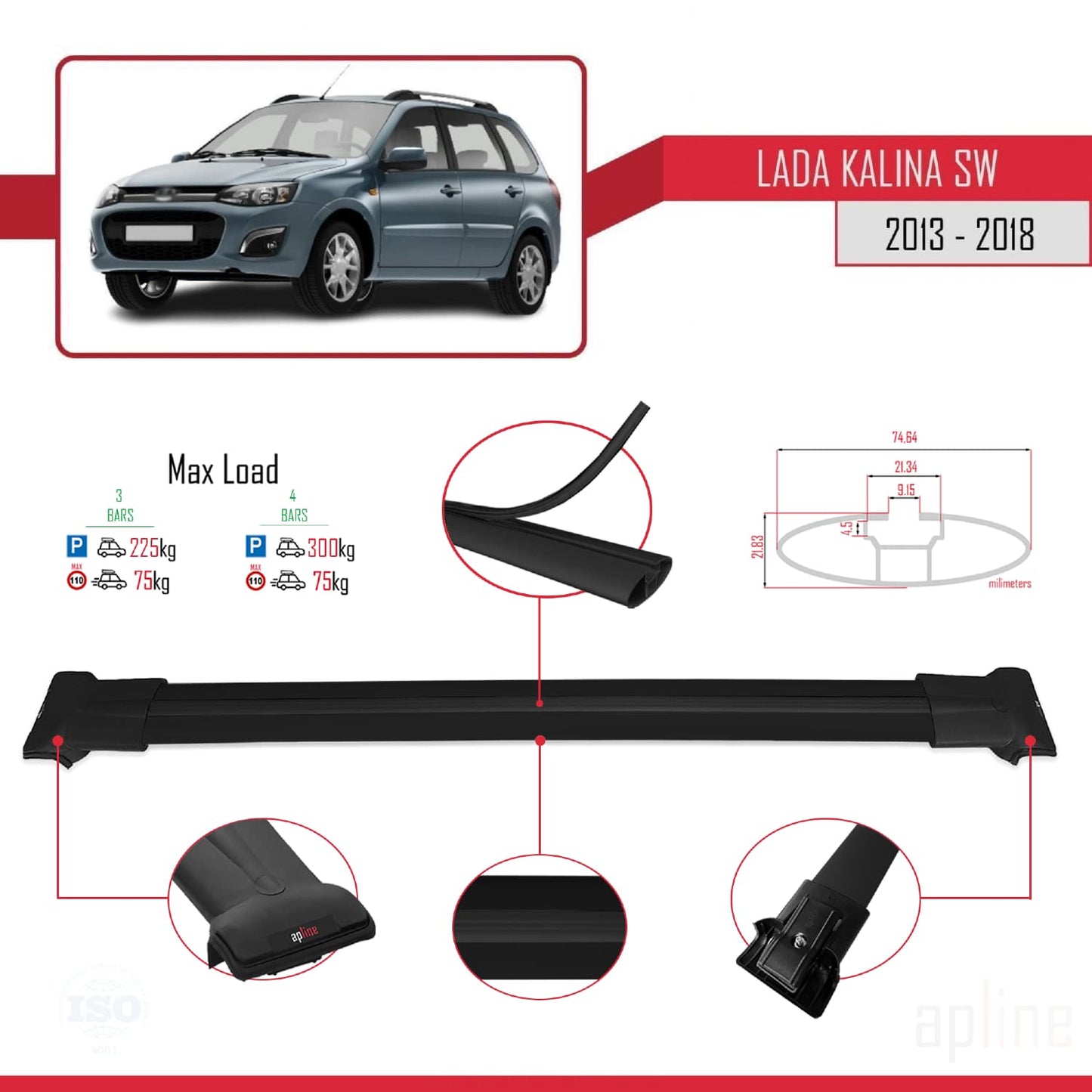 Compatibile con Lada Kalina 2 SW 2013-2018 FLY Model Barre Tetto Portapacchi Auto Barre Portatutto Nero Alluminio 3 Barre