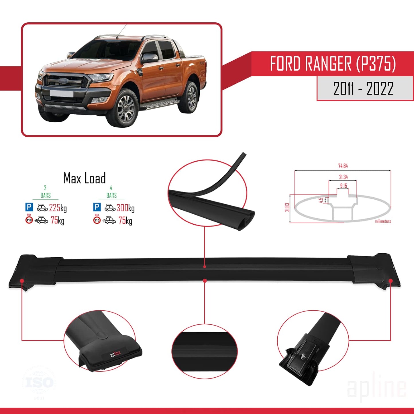 Compatibile con Ford Ranger (P375) 2011-2022 modello FLY Barre portatutto per auto Portapacchi in alluminio nero 3 barre