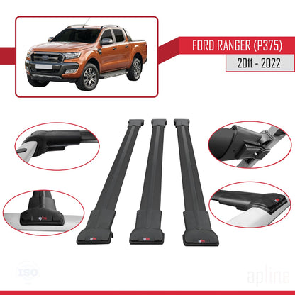 Compatibile con Ford Ranger (P375) 2011-2022 modello FLY Barre portatutto per auto Portapacchi in alluminio nero 3 barre