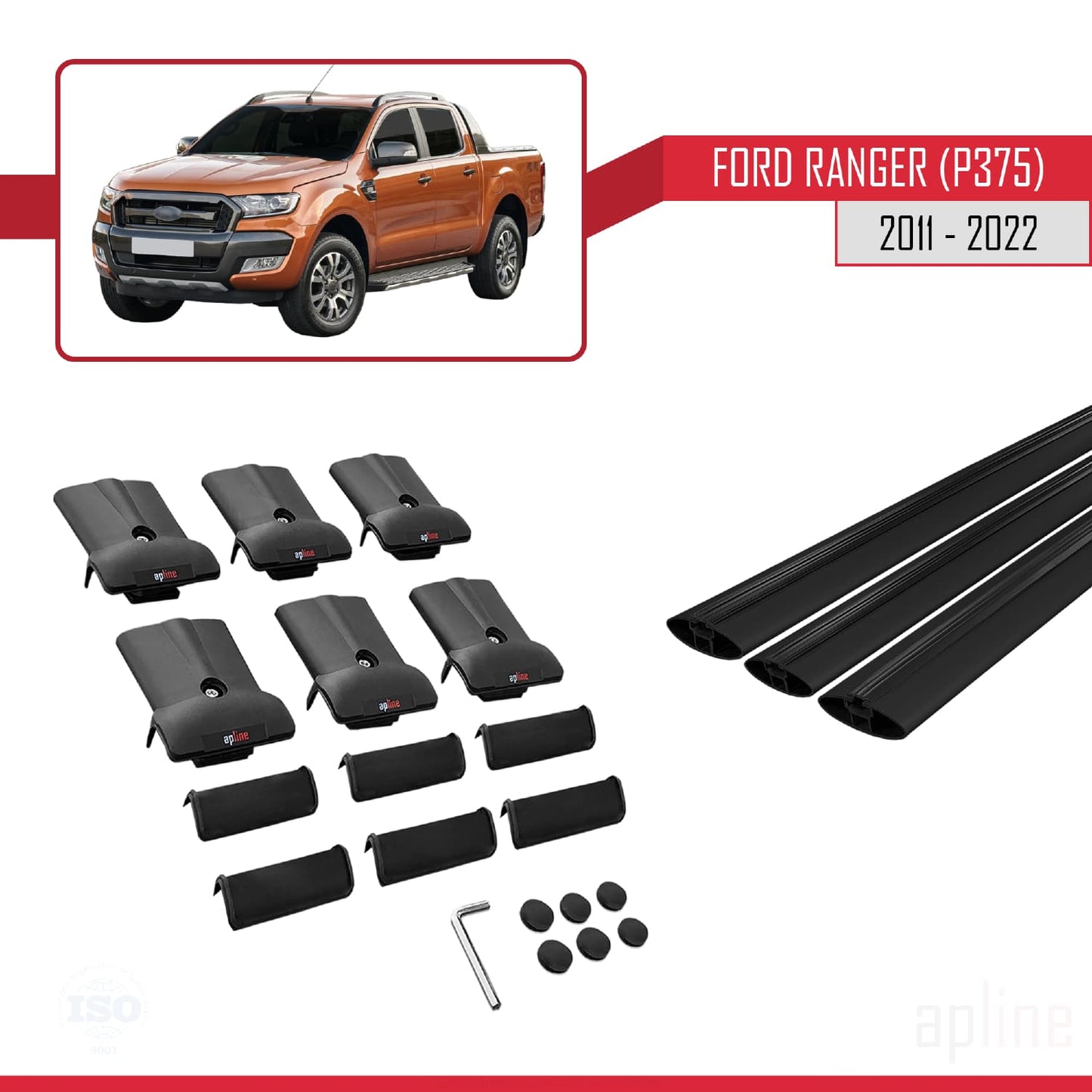 Compatibile con Ford Ranger (P375) 2011-2022 modello FLY Barre portatutto per auto Portapacchi in alluminio nero 3 barre