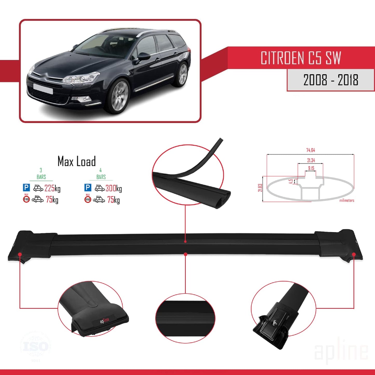 Compatibile con Citroen C5 II Tourer 2008-2018 modello FLY Barre portatutto per auto Portapacchi in alluminio nero 3 barre
