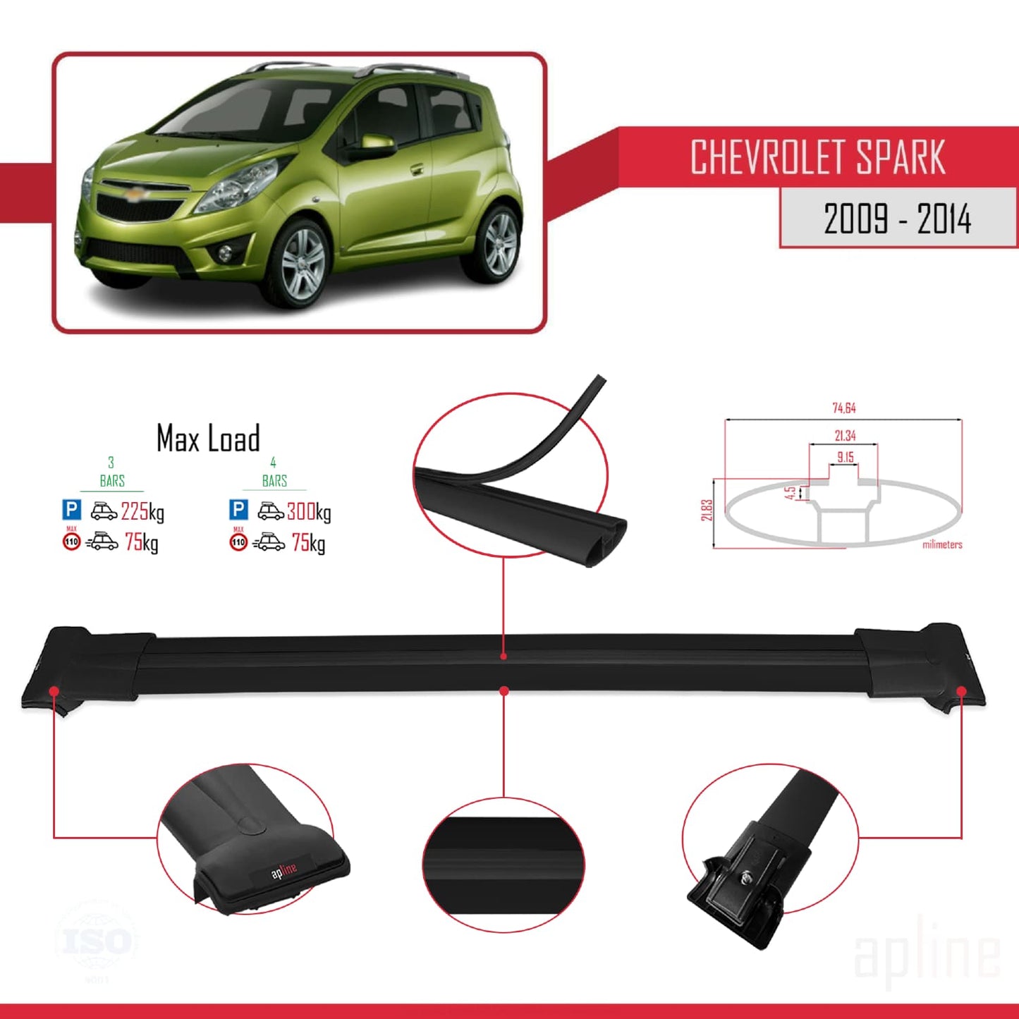 Compatibile con Chevrolet Spark (M300) 2009-2014 modello FLY Barre portatutto per auto Portapacchi in alluminio nero 3 barre