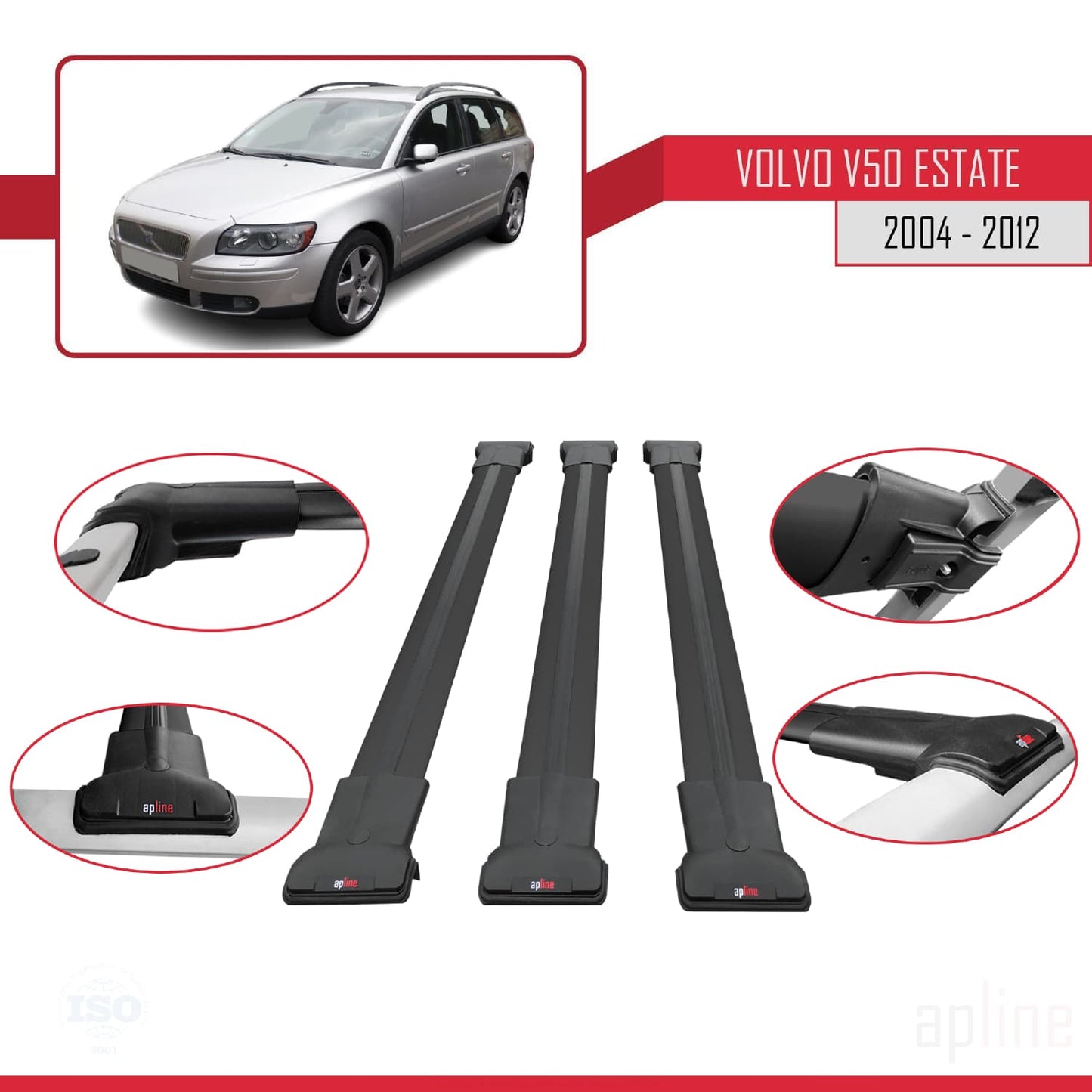Compatible avec Volvo V50 2004-2012 FLY Model Barres de Toit Railing Porte-Bagages de Voiture Noir Aluminium 3 Barres