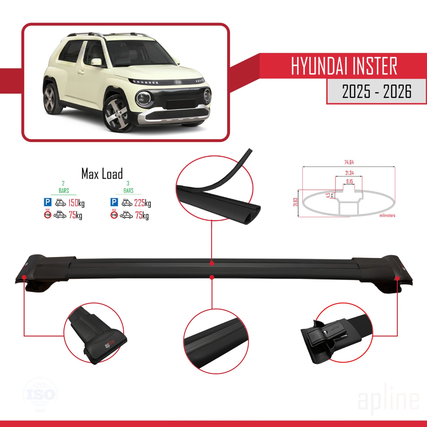 Compatible avec Hyundai Inster 2025-2026 FLY Model Barres de Toit Railing Porte-Bagages de Voiture Noir Aluminium 3 Barres