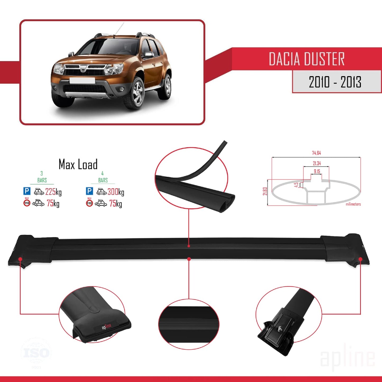 Compatibile con Dacia Duster (HS) Pre-Facelift 2010-2013 modello FLY Barre portatutto per auto Portapacchi in alluminio nero 3 barre