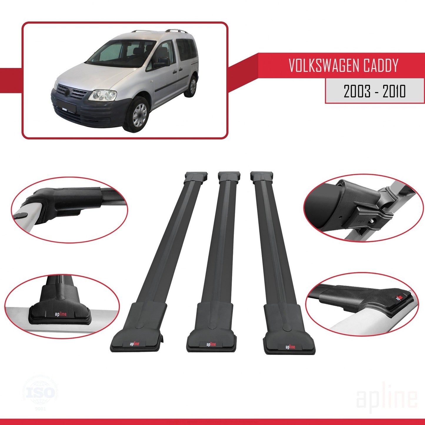 Compatible avec Volkswagen Caddy 3 (2K) 2003-2010 FLY Model Barres de Toit Railing Porte-Bagages de Voiture Noir Aluminium 3 Barres