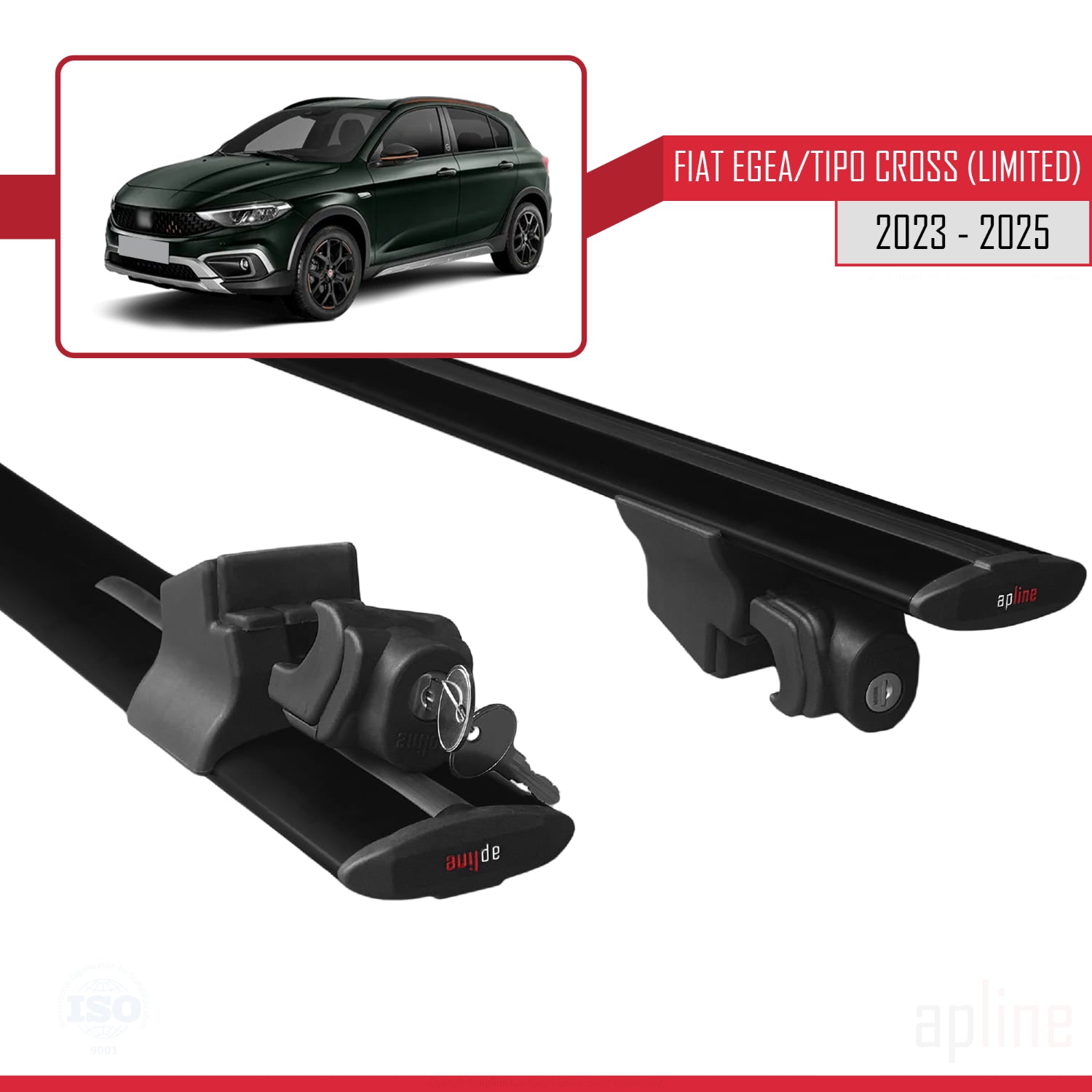 Compatible avec Fiat Egea / Tipo Cross (LIMITED) 2023-2025 HOOK Model Barres de Toit Railing Porte-Bagages de Voiture Noir Aluminium 2 Barres