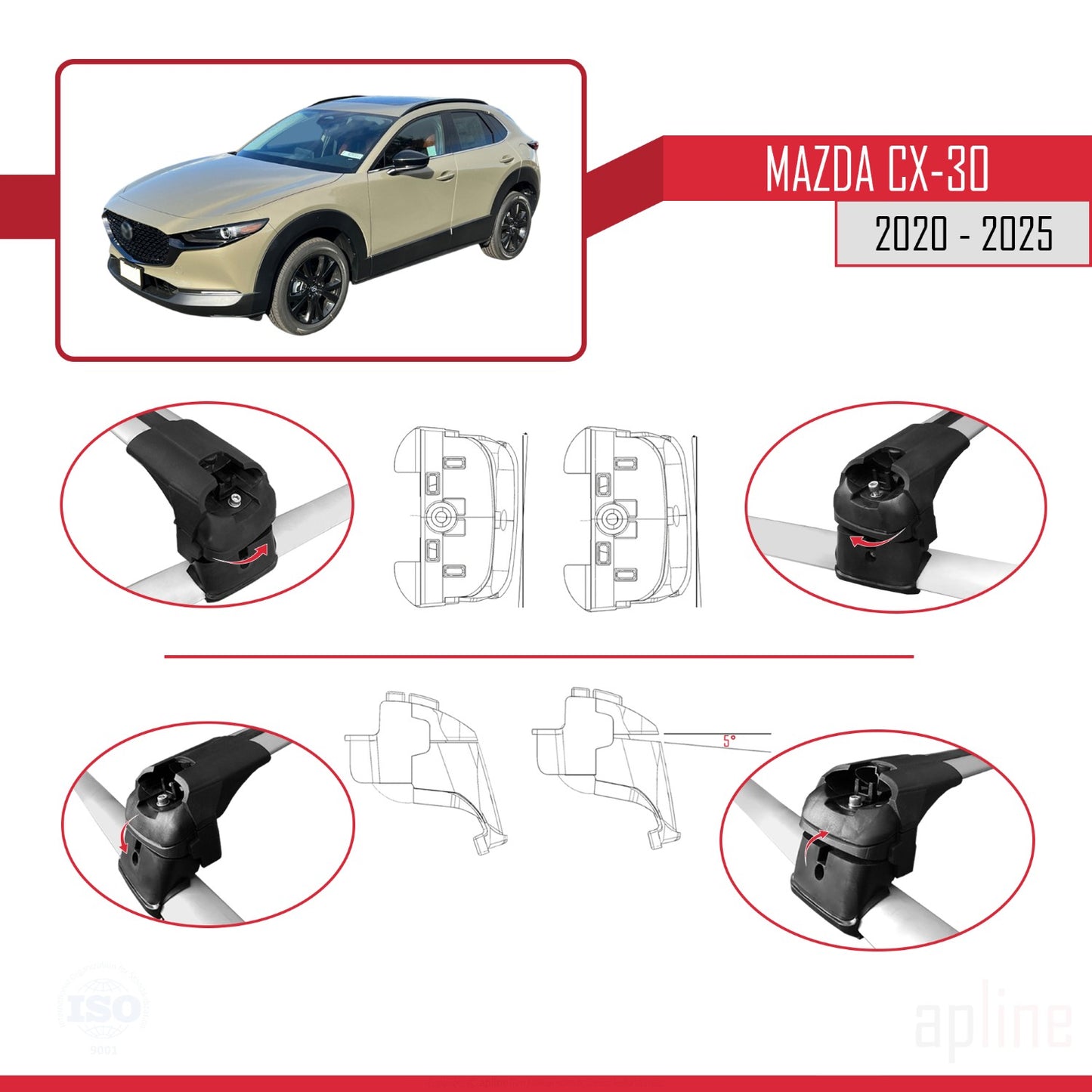 Compatible avec Mazda CX-30 2020-2025 ACE-2 Barres de Toit Railing Porte-Bagages de Voiture Gris Aluminium 2 Barres