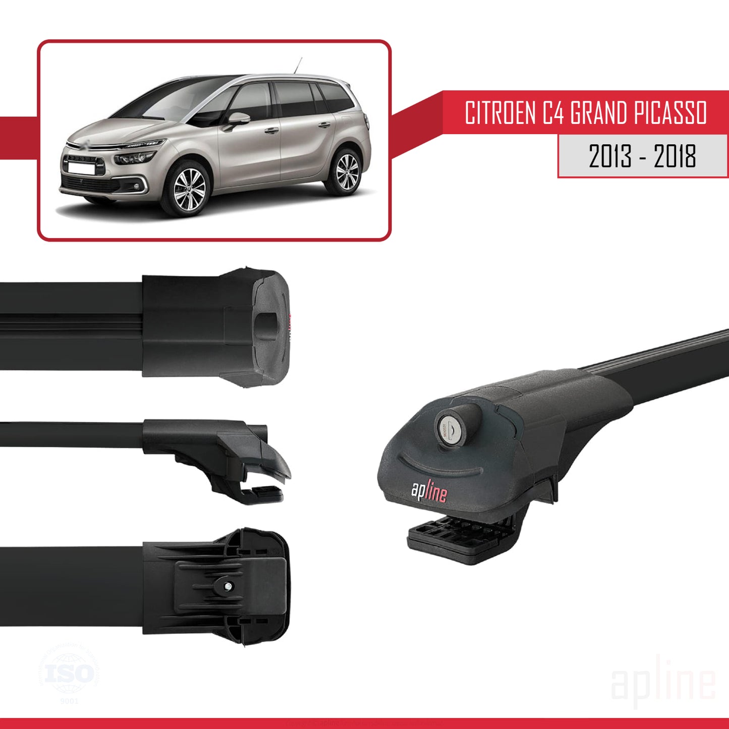 Compatibile con Citroen C4 Grand Picasso 2013-2018 ACE-1 Barre portatutto per auto Portapacchi in alluminio nero 2 barre