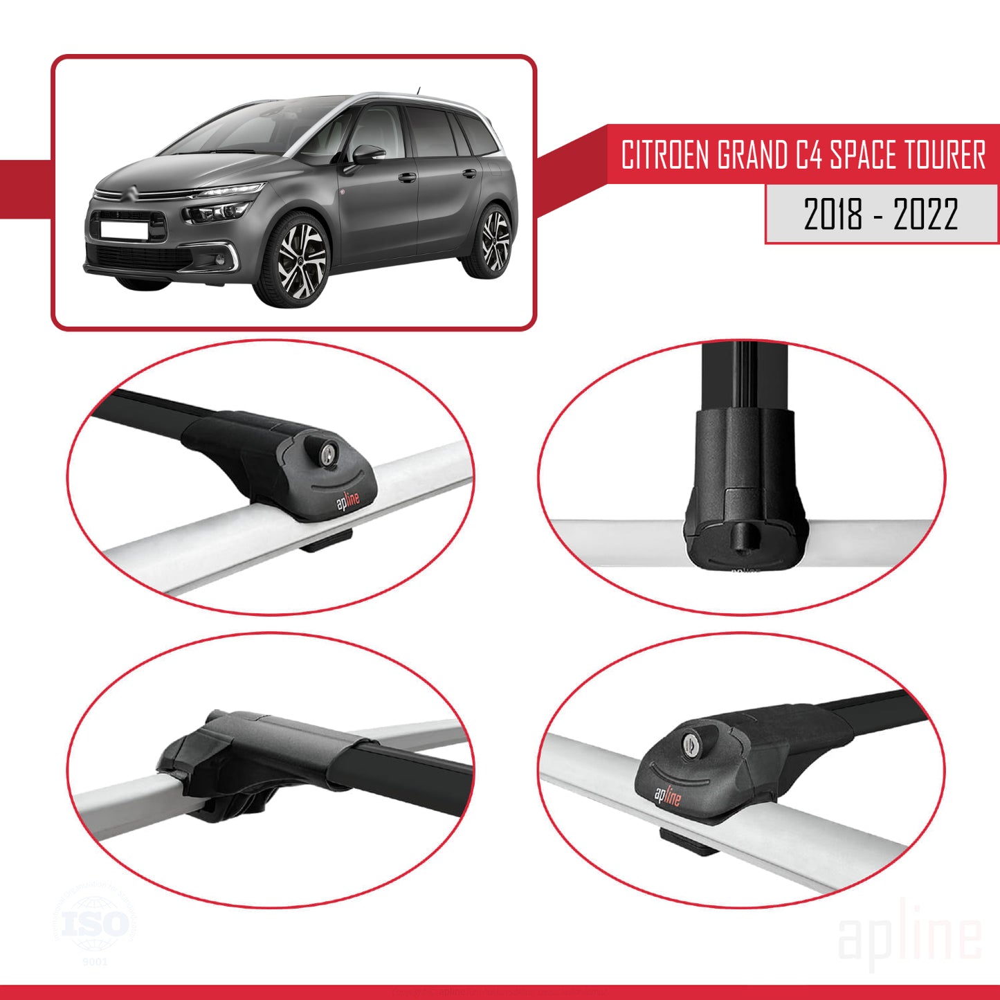 Compatible avec Citroen Grand C4 Space Tourer 2018-2022 ACE-1 Barres de Toit Railing Porte-Bagages de Voiture Noir Aluminium 2 Barres