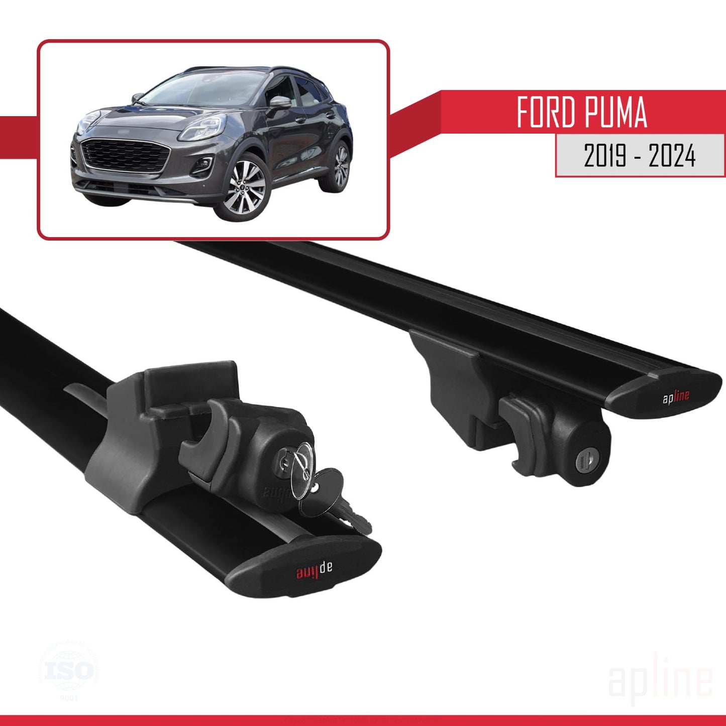 Compatible avec Ford Puma 2019-2024 HOOK Model Barres de Toit Railing Porte-Bagages de Voiture Noir Aluminium 2 Barres